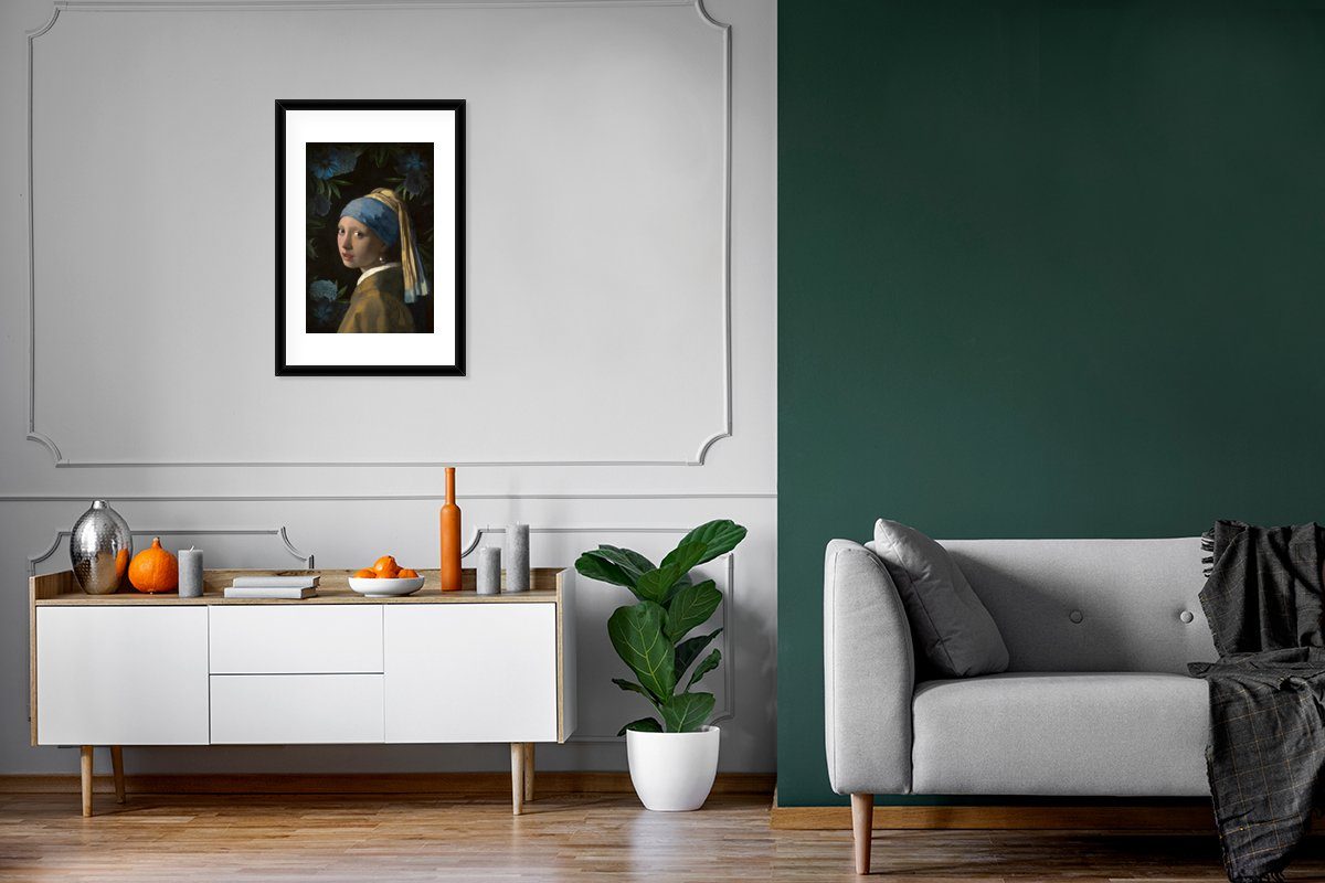 Schwarzem Johannes St), Mädchen Perlenohrring Blumen, - (1 Rahmen, Gerahmtes MuchoWow mit Kunstdruck, - dem Vermeer Poster, Poster Bilderrahmen mit Das