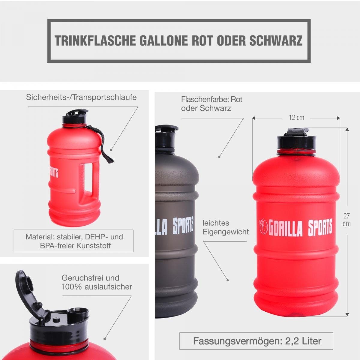 Sportflasche Gallone, Griff, mit Auslaufsichere, Liter, SPORTS Schwarz GORILLA Trinkflasche 2,2 BPA-Frei,