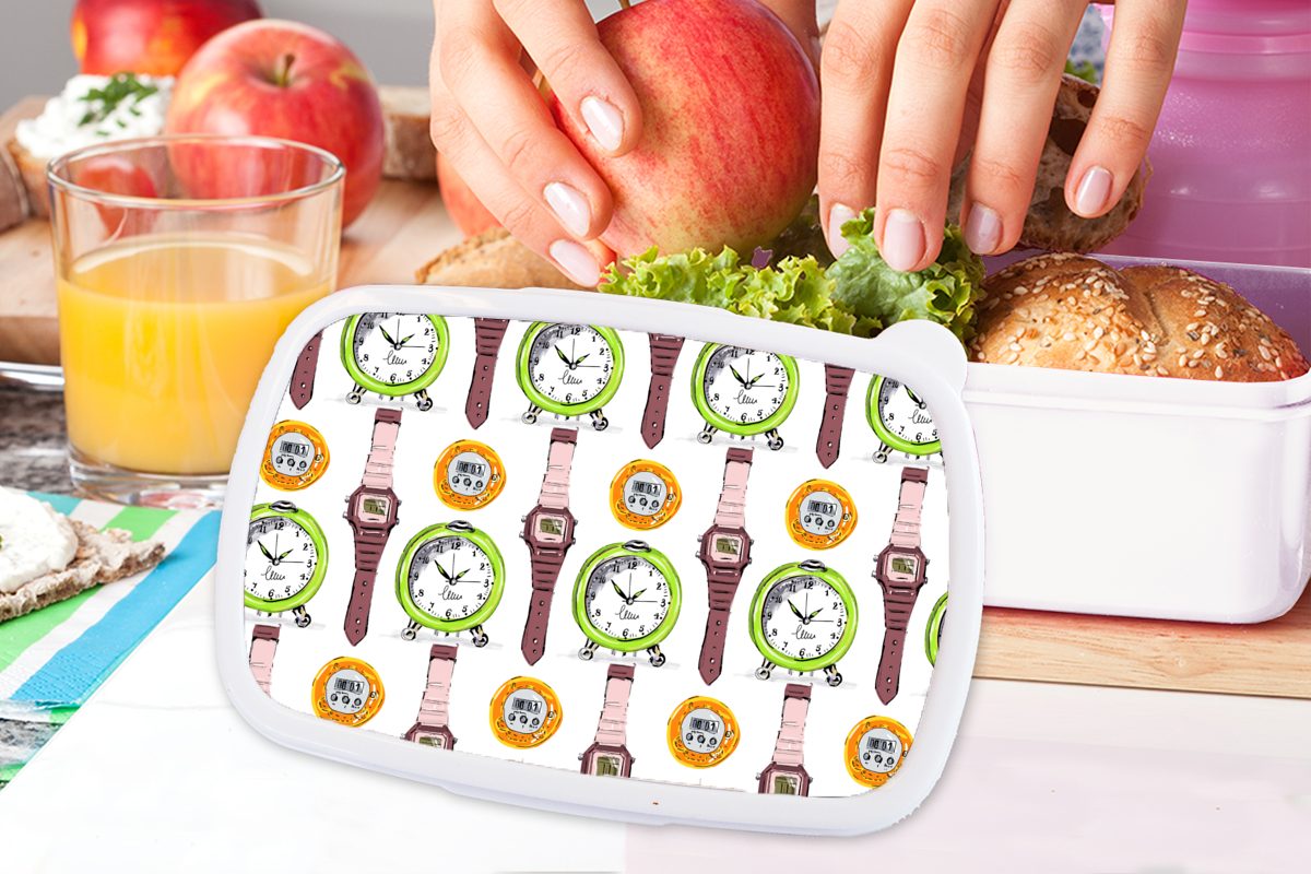 MuchoWow Lunchbox Wecker - Brotdose, (2-tlg), Mädchen weiß Muster, Brotbox Erwachsene, für und Stoppuhr Kunststoff, und für Uhren - Kinder Jungs 