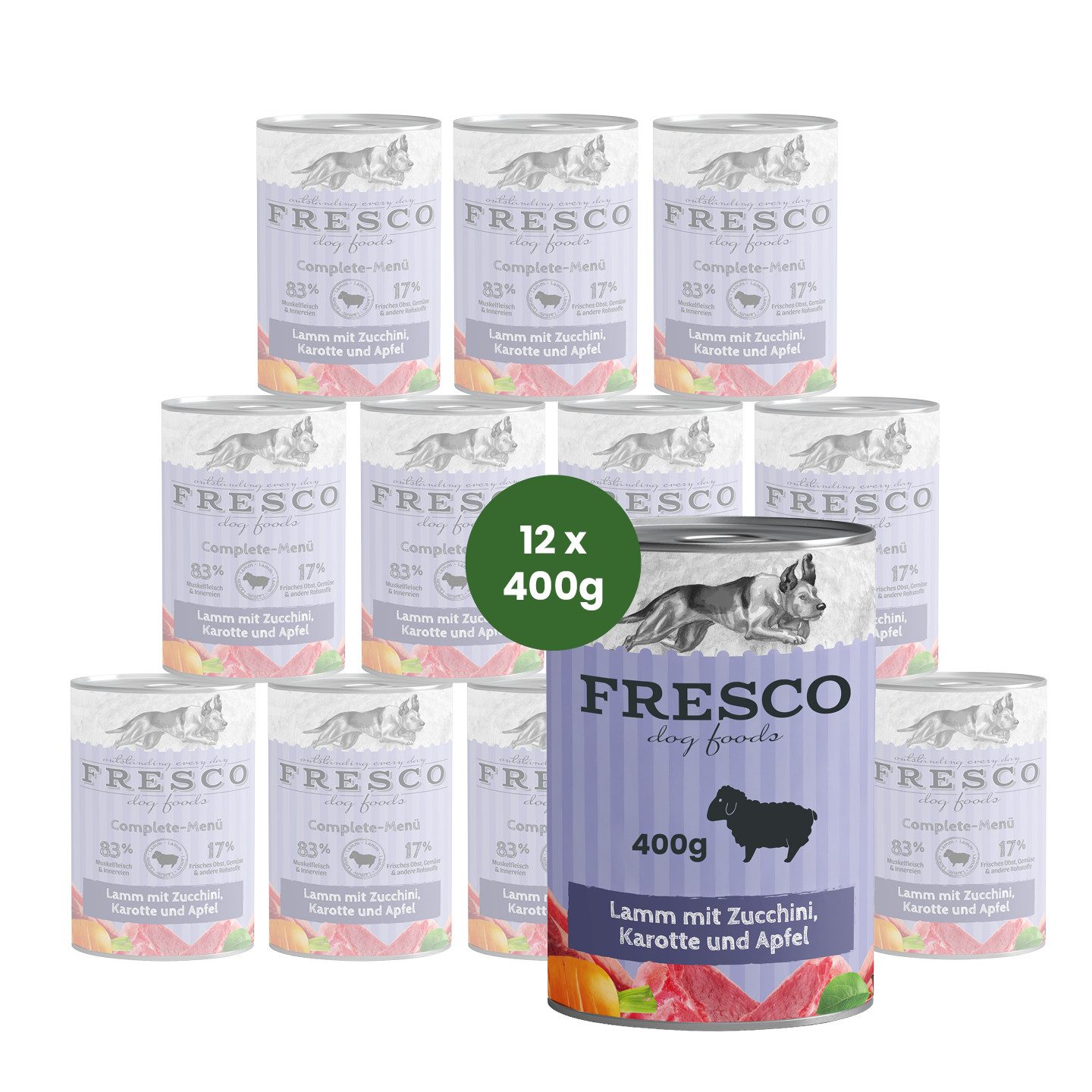 Fresco Dog NassBarf Premium Hundefutter Nass 12 x 400g, Lamm mit Zucchini, Karotte & Apfel, Nassfutter für: Hunde, Getreidefrei, zuckerfrei, hochverträglich