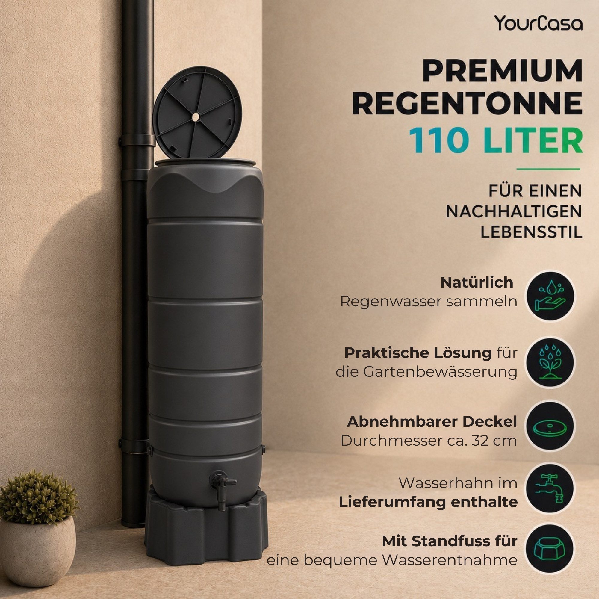 YourCasa Regentonne [CircleTower] 110L mit Standfuss, Deckel & Wasserhahn - Regenfass, Schmal, Inkl. Standfuss 39,6 x 130,3 cm, Wetterfest – Bild 4 von 5