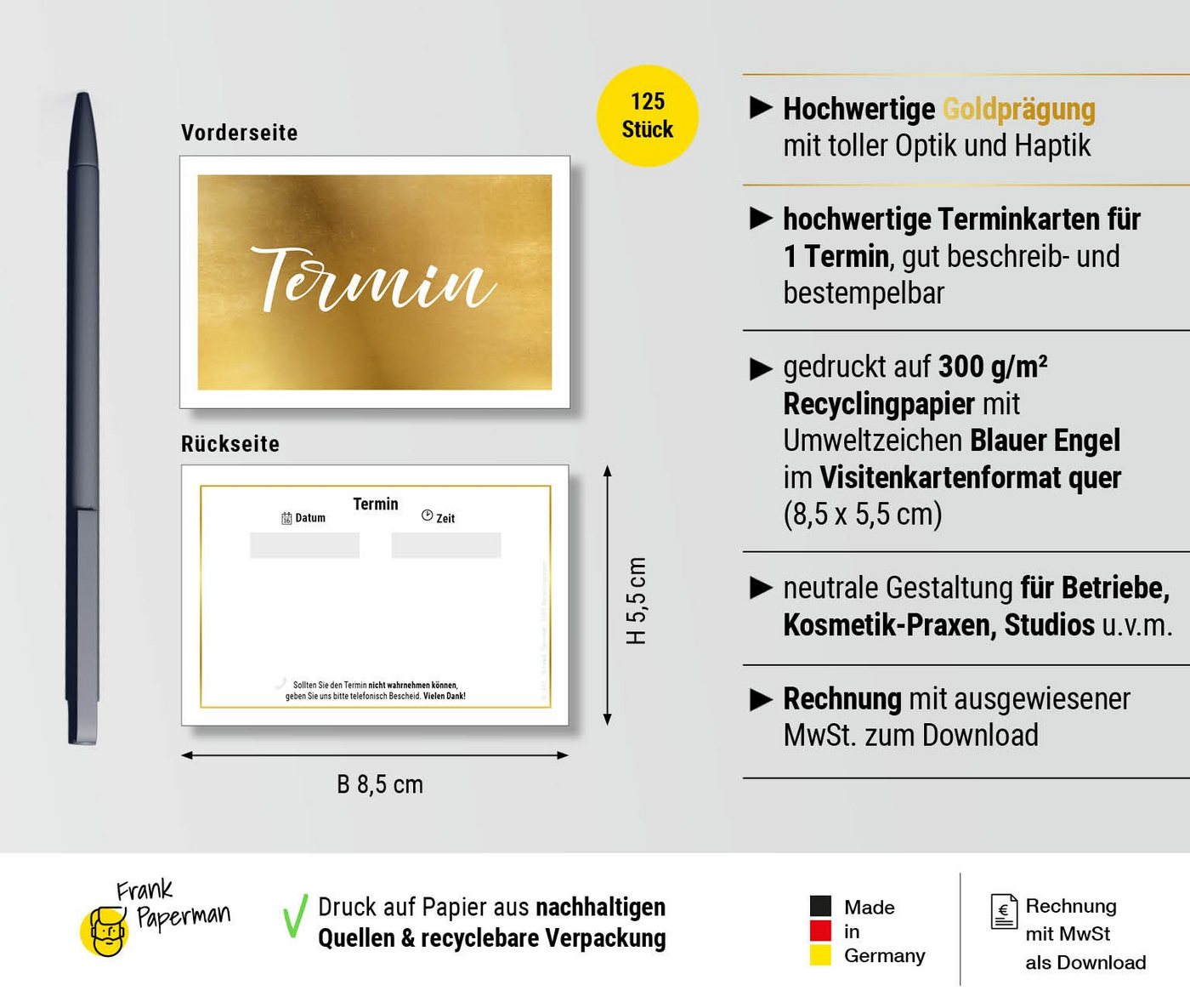 Thumbnail - Frank Paperman Terminplaner Terminkarten gold, Heißfolienprägung gold, 1 Termin je Terminzettel, Visitenkartenformat 5,5...