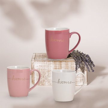 matches21 HOME & HOBBY Tasse Schöne Kaffeetassen 6er Set einfarbig Herzen mit Spruch Home, Porzellan, Tee Kaffee-Becher, klassisch, rosa pink weiss goldfarben, 300 ml