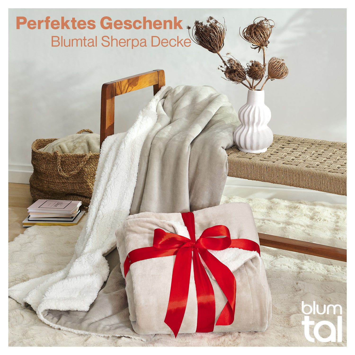 Wohndecke Premium Sherpa Kuscheldecke, Oeko-TEX Zertifiziert, Blumtal, Sofa Decke mit Dicker Sherpa-Innenseite, extra dick & wärmend – Bild 5 von 5