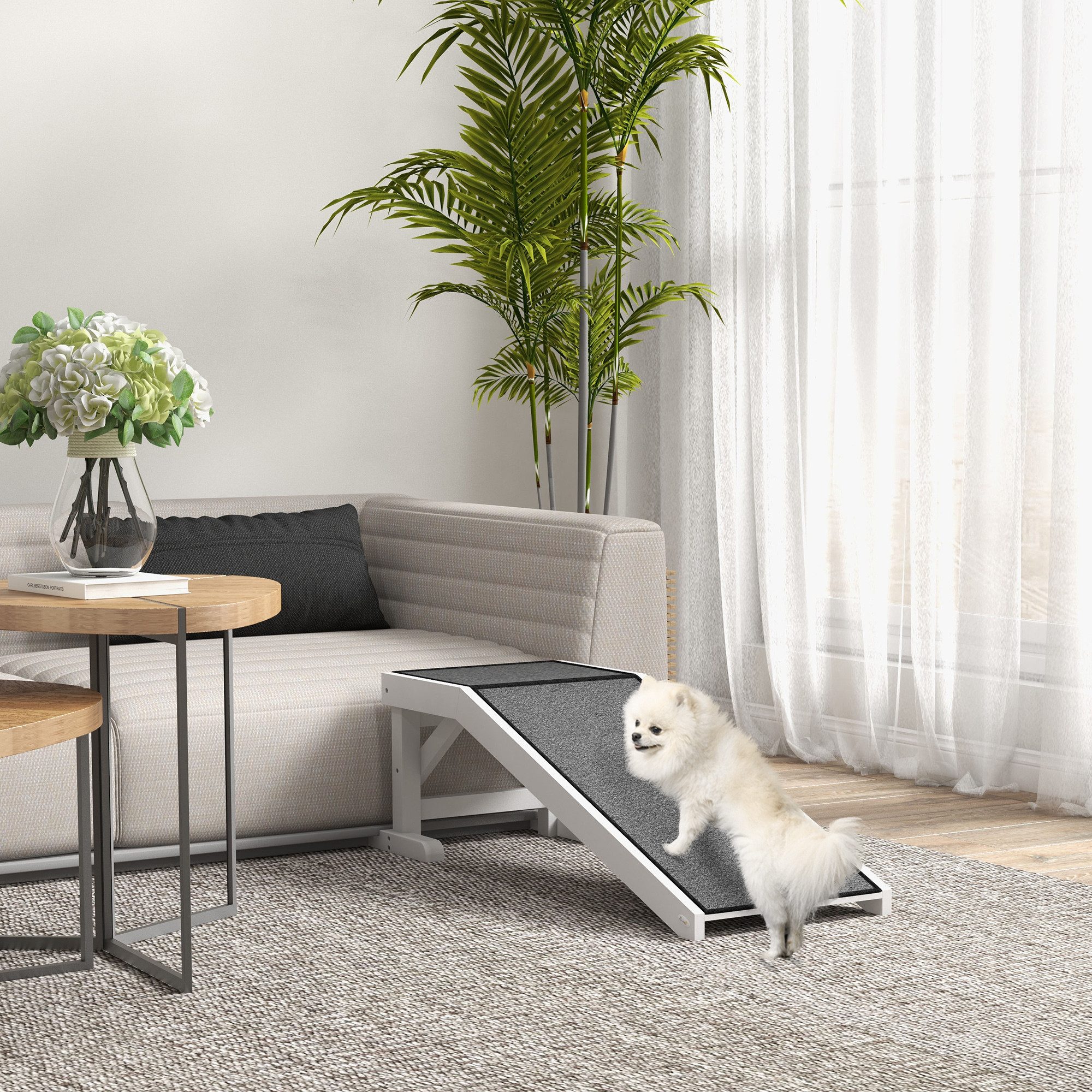 PawHut Hunderampe Hundetreppe mit rutschfestem Teppich, Hundeautorampe, bis 30 kg (Hundeeinstiegshilfe, 1-St., Haustierleiter), Kiefernholz Polyester Weiß+Grau 125 x 40 x 35,5 cm