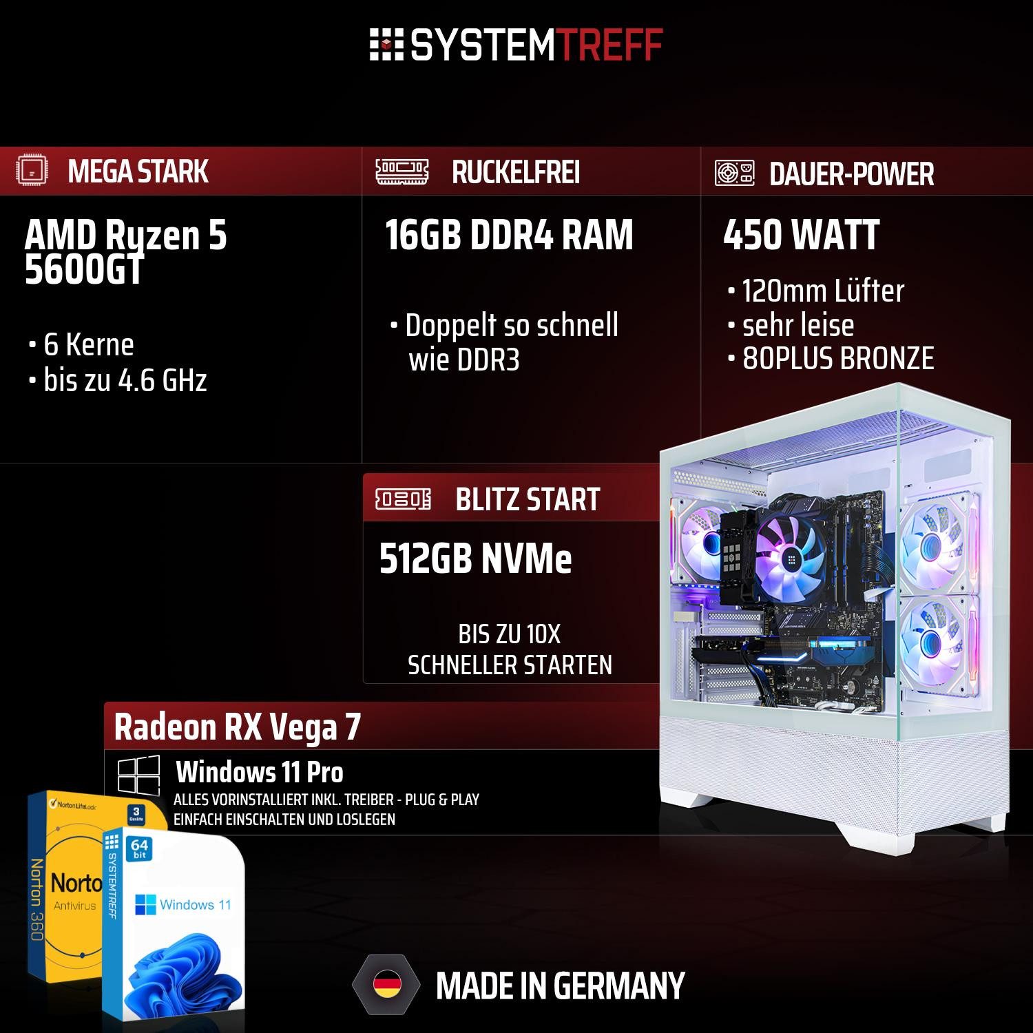 SYSTEMTREFF Basic Gaming-PC (AMD 5600GT 5600GT, RX Vega 7, 16 GB RAM, 512 GB SSD, Luftkühlung)