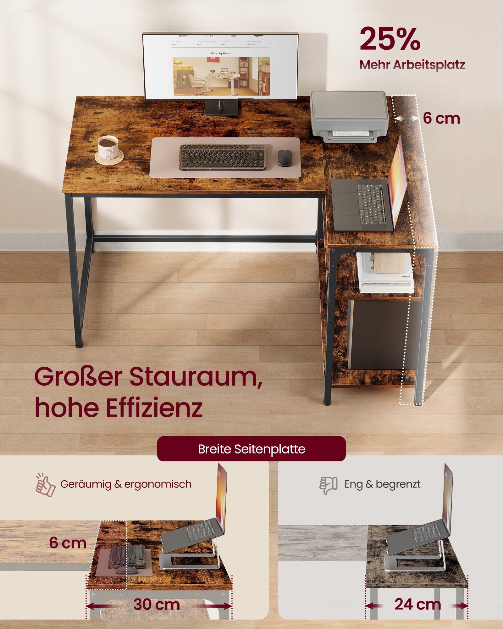 VASAGLE Schreibtisch Eckschreibtisch in L-Form, Computertisch mit Stauraum, Bürotisch, höhenverstellbare Ablage, für Homeoffice, 110/120 cm