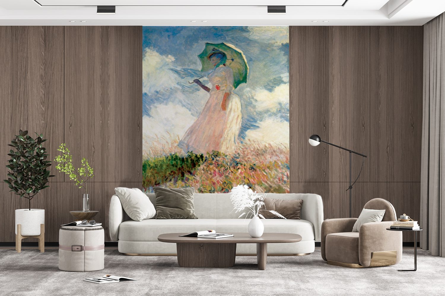 (3 Tapete bedruckt, Sonnenschirm Matt, Gemälde - Claude von St), mit Frau Fototapete Wandtapete Monet, MuchoWow für Wohnzimmer, Montagefertig Vinyl