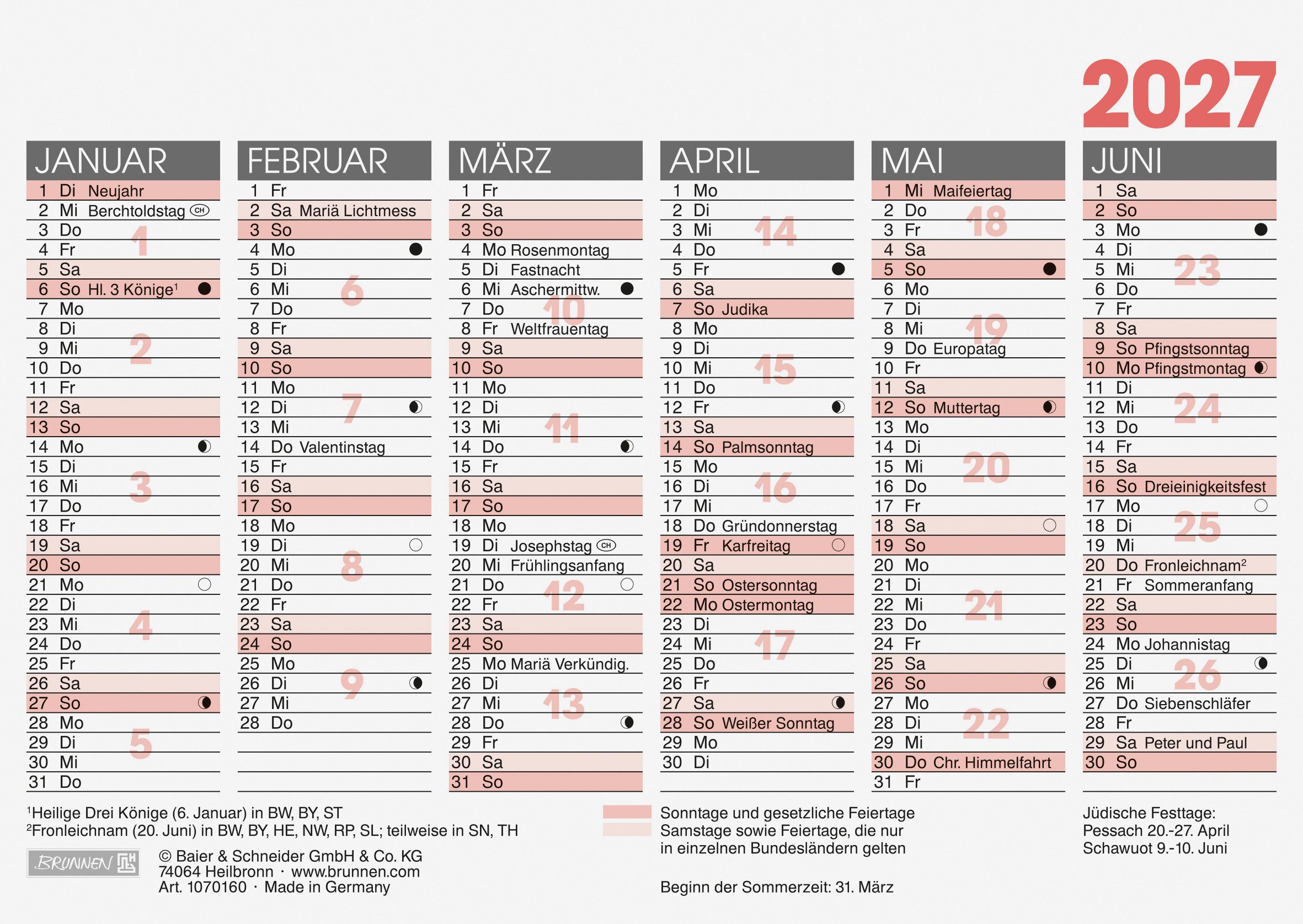 BRUNNEN Schreibtischkalender 2027 BRUNNEN Tafelkalender A6 1S/6Monate von BRUNNEN