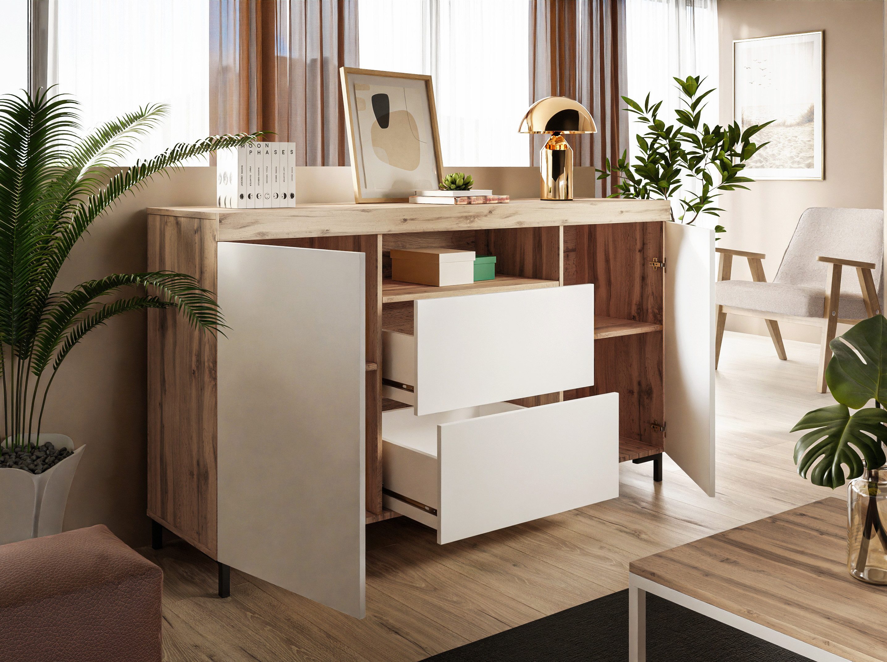 Lookway Kommode Yoshi mit Beinen und Schubladen im Industrial Design, Breite: 164 cm
