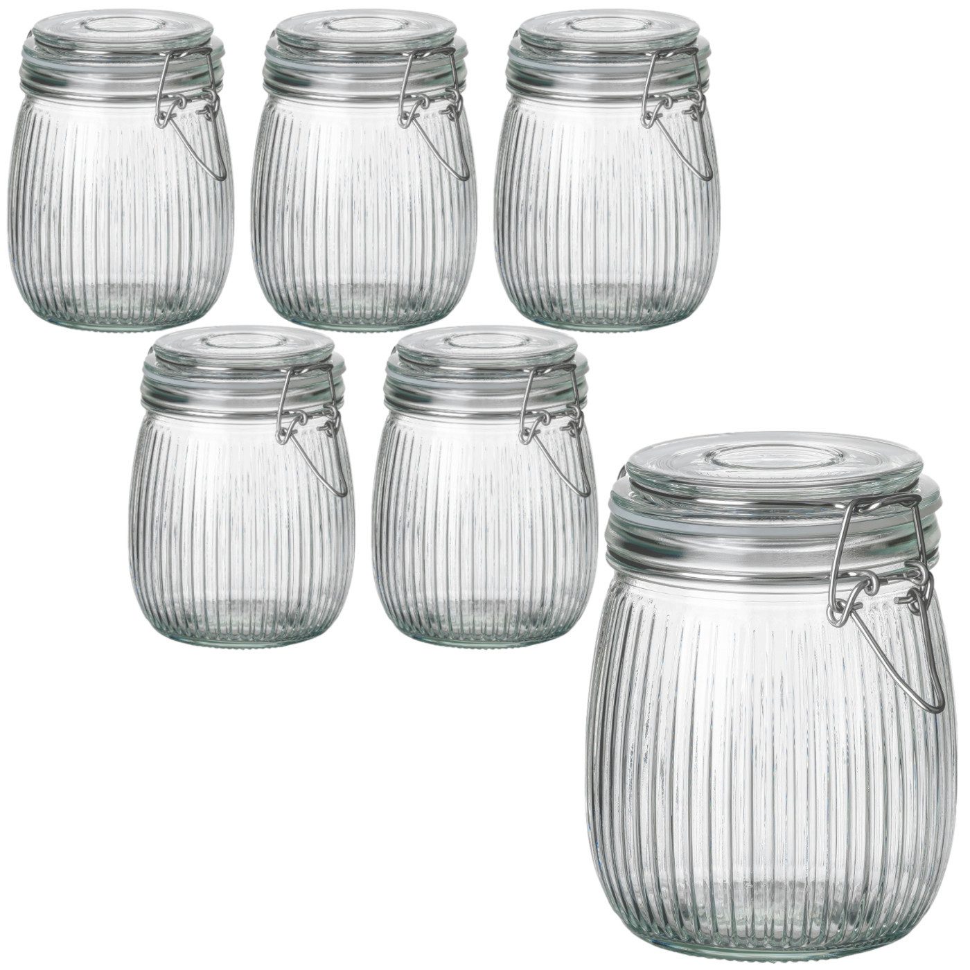 gouveo Vorratsglas geriffelt mit Bügelverschluss - Bügelgläser mit Muster, Glas, (6-tlg., 750 ml), Dekoglas mit Drahtbügelverschluss