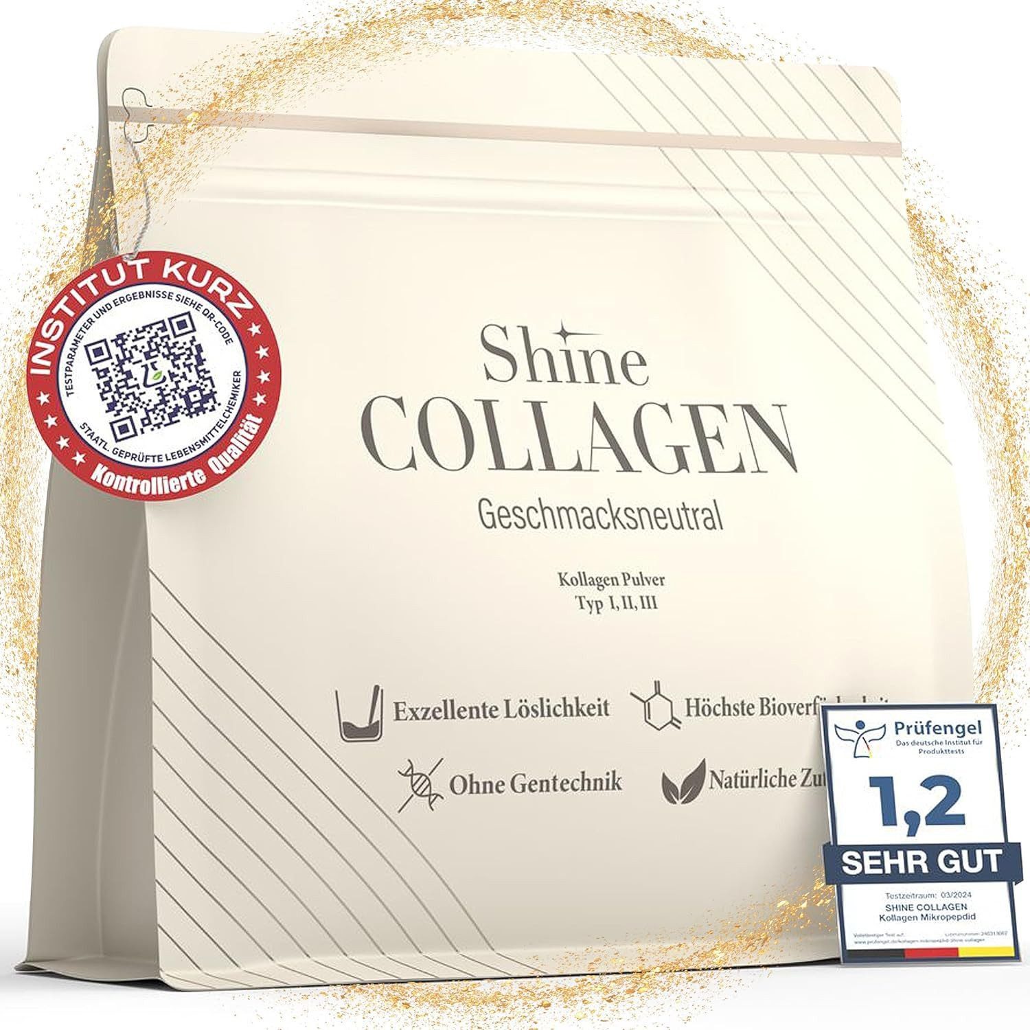 Shine Collagen Pulver - 100% Kollagen Peptide, Premium Hydrolsat Typ 1,2 und 3 Pulver, 500 g, Perfekte Löslichkeit, Geschmachsneutral