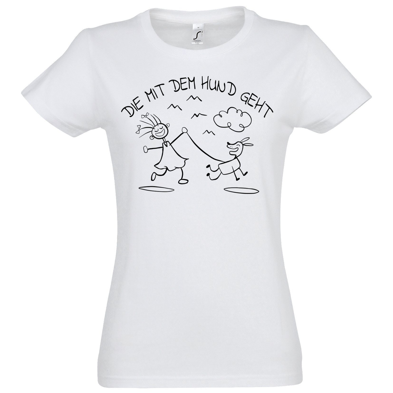 Youth Designz T-Shirt Die Mit Dem Hund Geht Damen T-Shirt lustiger Print Frauen Geschenk mit trendigem Frontprint