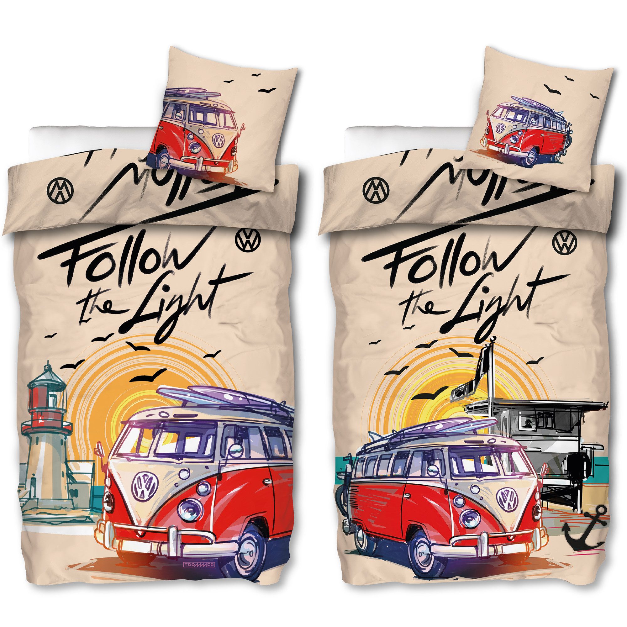 BERONAGE Wendebettwäsche VW Volkswagen Bulli Follow The Light Bettwäsche Linon / Renforcé 187, 100% Baumwolle, 2 teilig, 135x200 + 80x80 cm