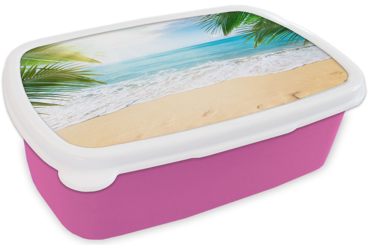 Lunchbox - Strand Snackbox, (2-tlg), - Kunststoff, für Erwachsene, Sand MuchoWow Kunststoff Brotdose rosa - Palme, Mädchen, Kinder, Meer Brotbox