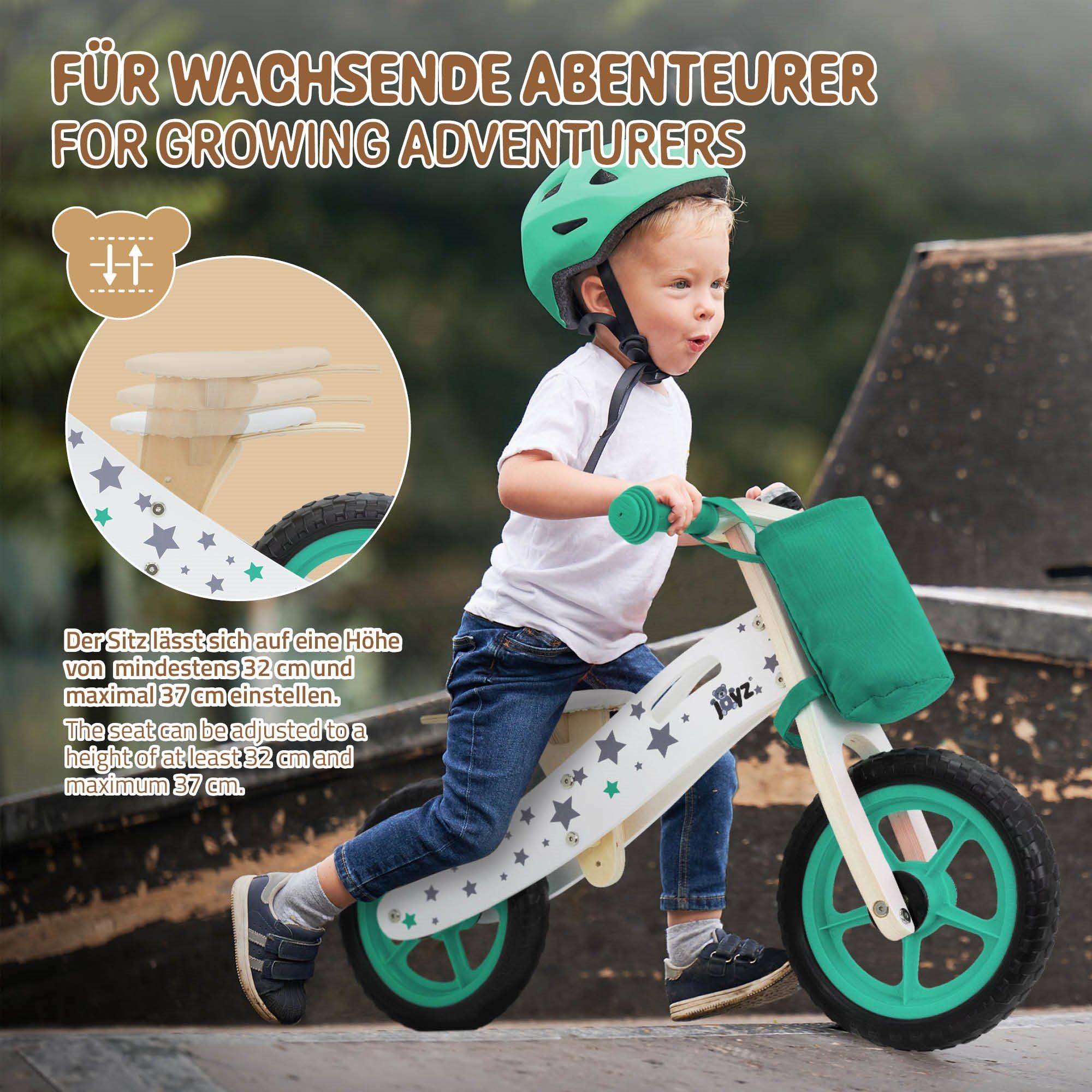 Grün Jahren Lauflernrad Zoll, 11 11 Sitz Kinderfahrrad Joyz verstellbarer 2 Laufrad Kinderlaufrad Stoffbeutel Holz ab Holzlaufrad Zoll-EVA-Räder