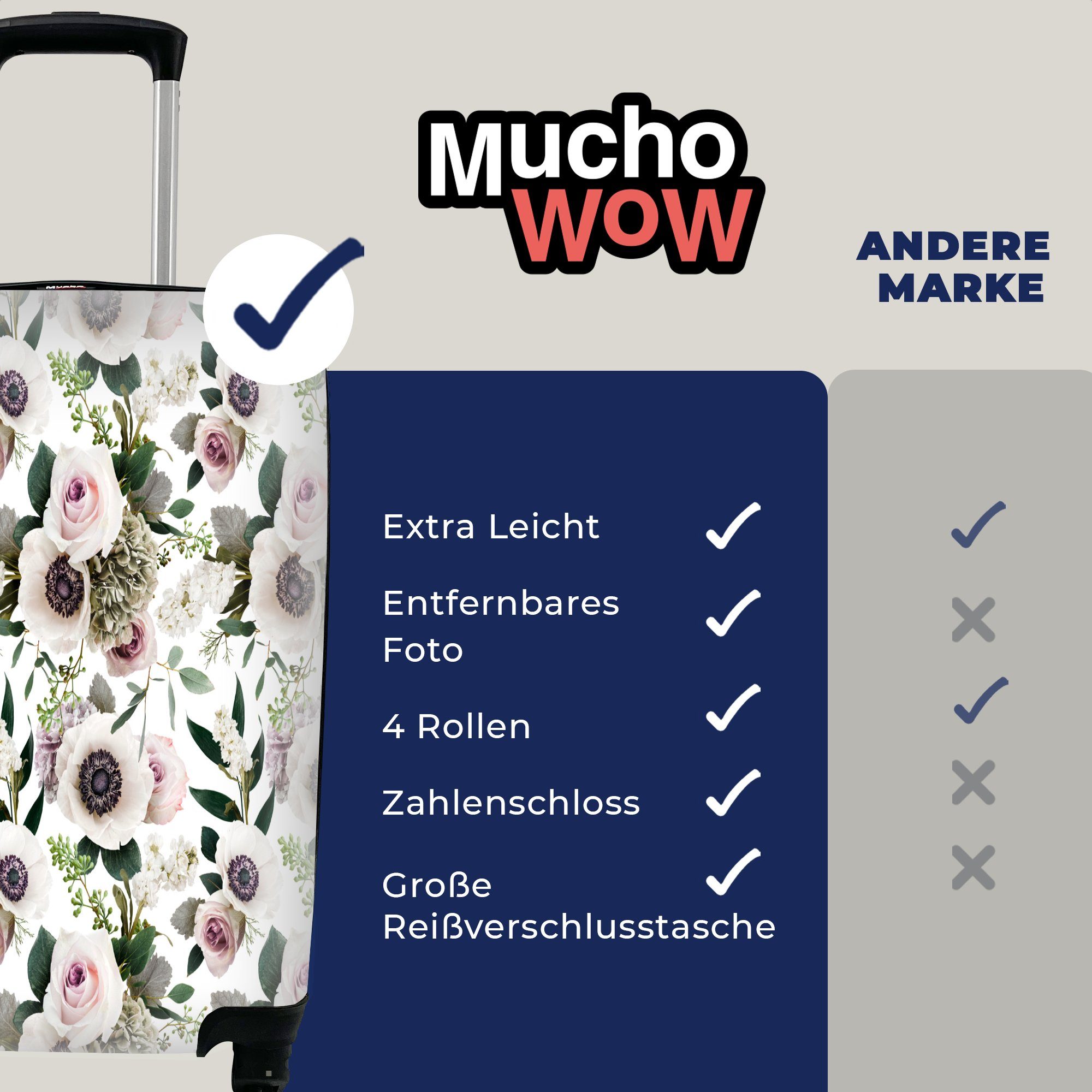 - - MuchoWow rollen, für Reisetasche Trolley, Handgepäckkoffer Blumen 4 Rollen, mit Reisekoffer Ferien, Handgepäck Anemone, Rosen