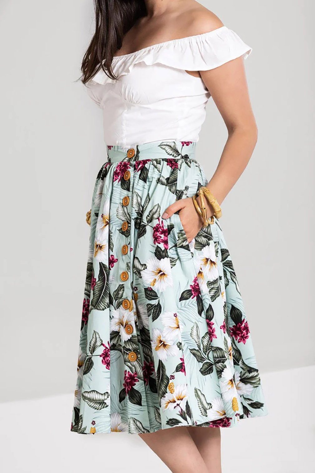 Hell Bunny A-Linien-Rock Tahiti Skirt Grün Retro Vintage Swing