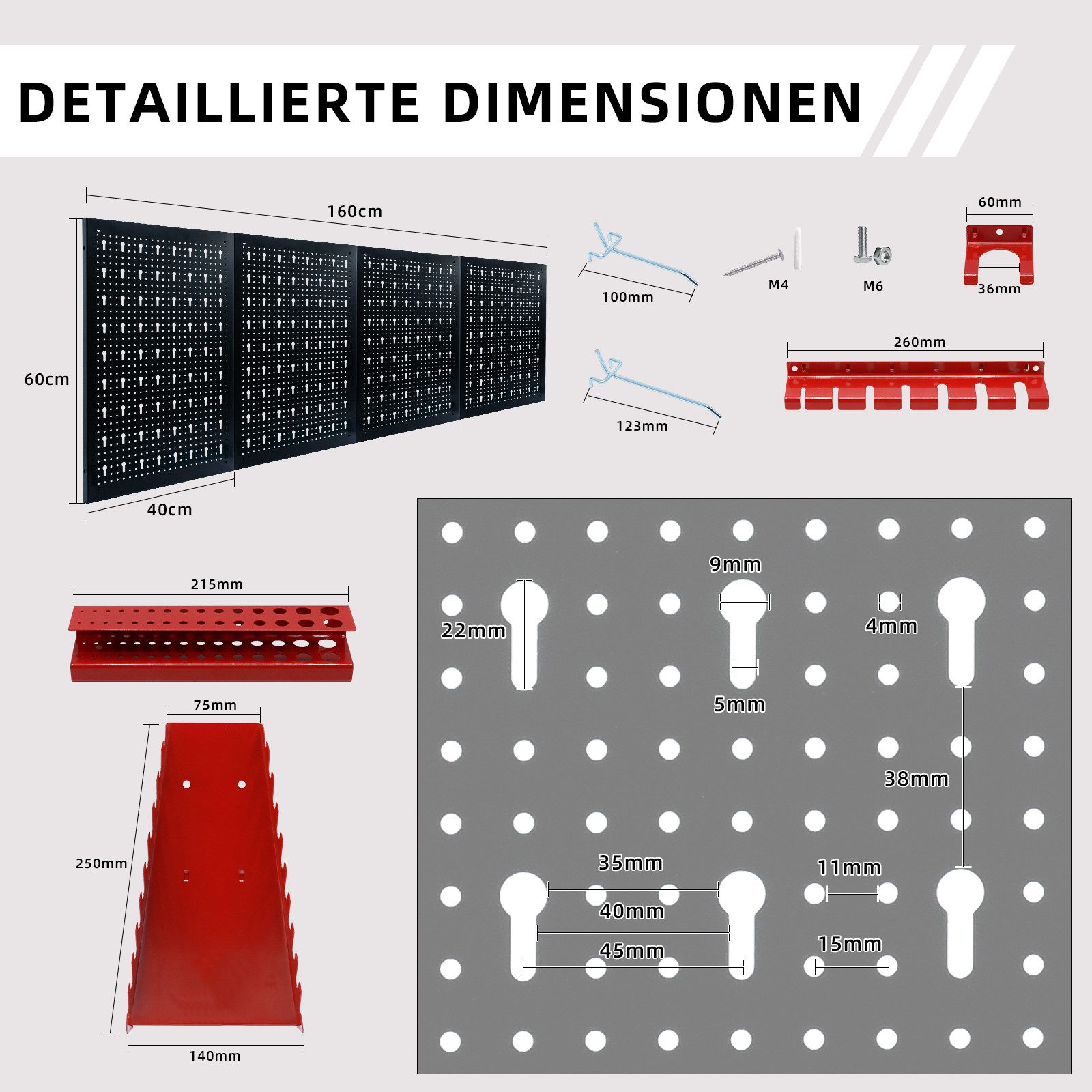 CCLIFE Lochwand Werkzeugwand Lochwand Metall Werkzeuglochwand Dreiteilig, 4 Stk., mit 34 Haken
