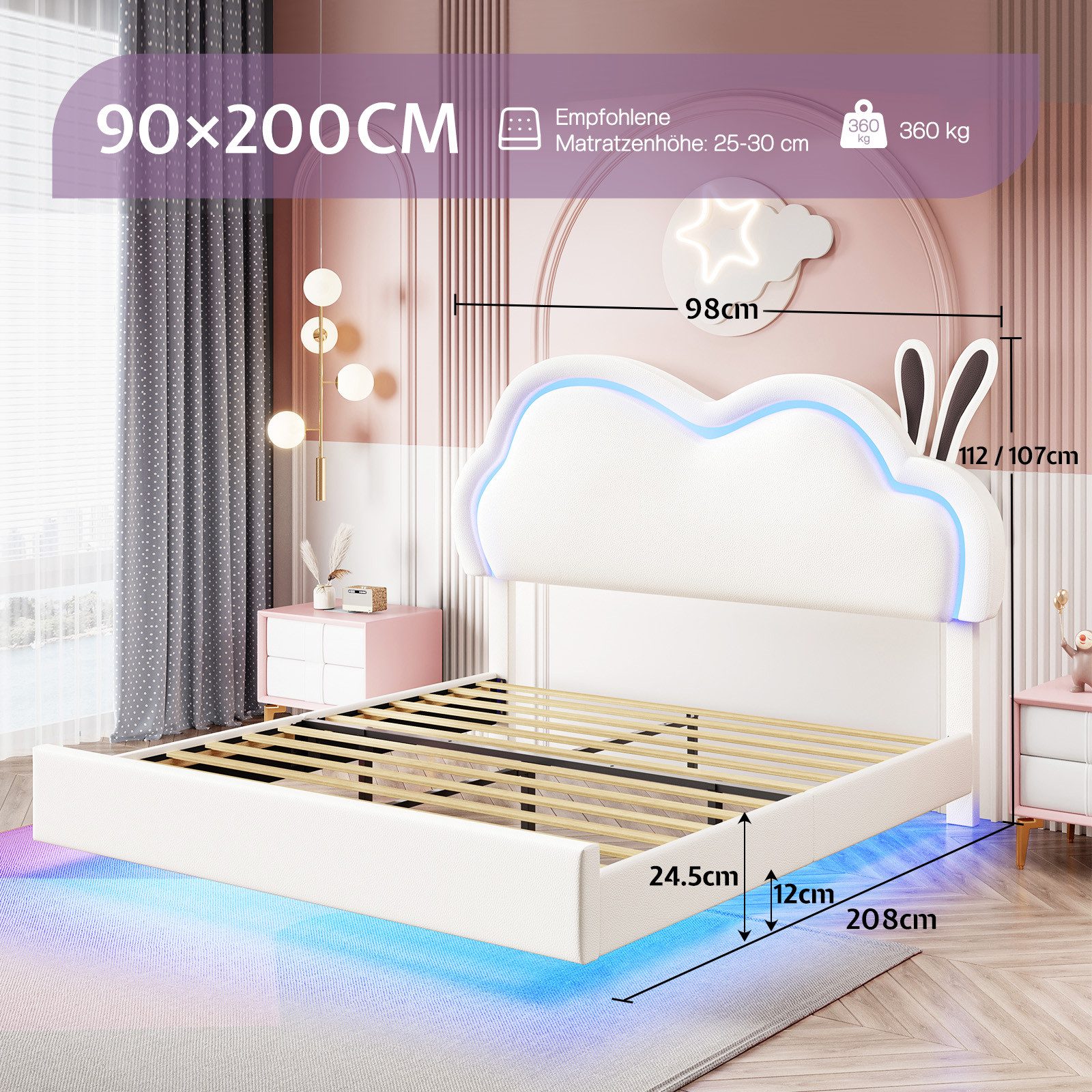 AMERLIFE Kinderbett Jugendbett mit LED & Wolken-Kopfteil – verstellbares Kopfteil (Ohne Matratze), Stabiler Metallrahmen & Modernes Schwebendes Design, 90x200cm
