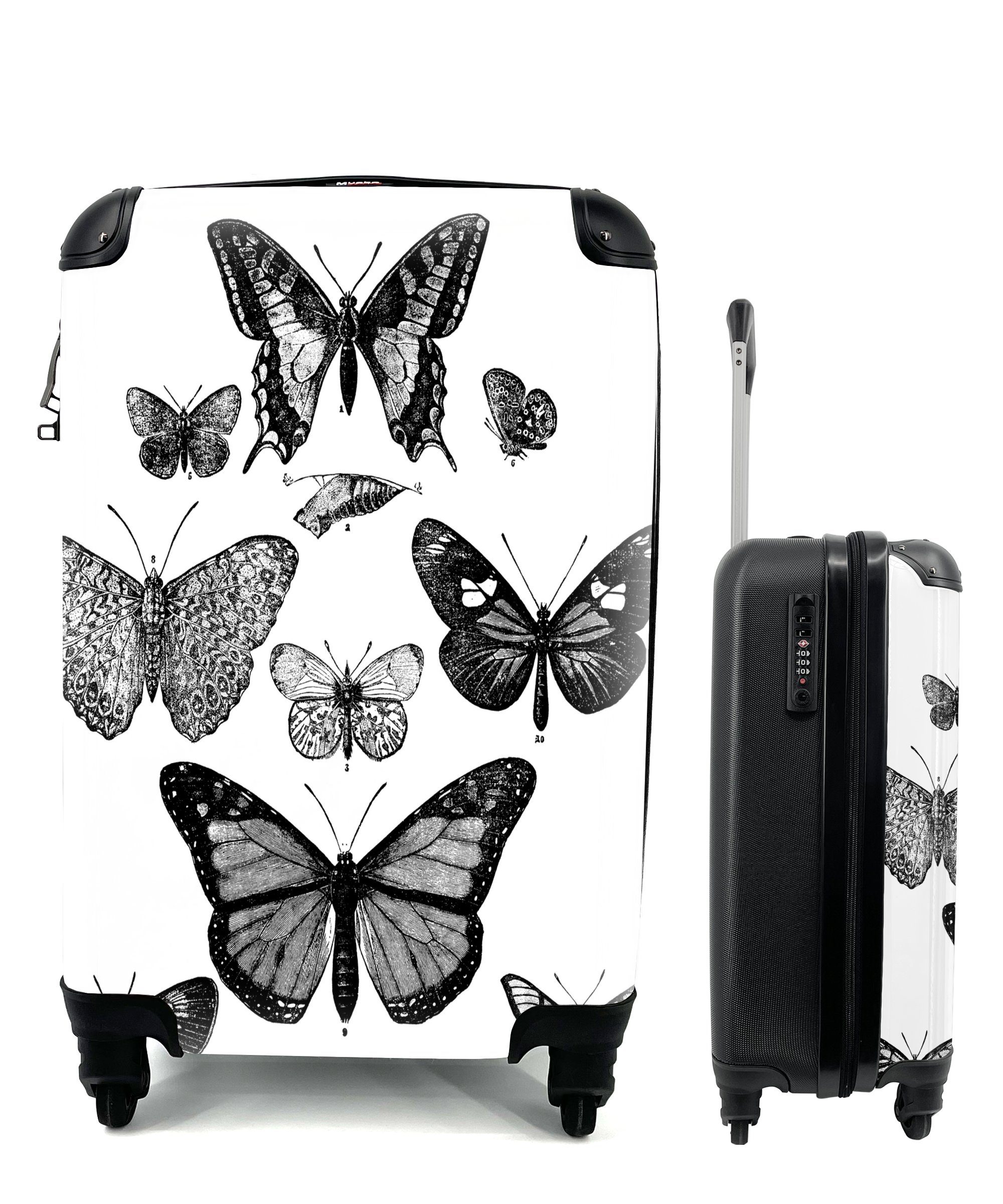 Reisekoffer Eine Illustration mit MuchoWow für Trolley, einiger Rollen, Ferien, Schmetterlinge, rollen, Reisetasche 4 schwarz-weiße Handgepäckkoffer Handgepäck