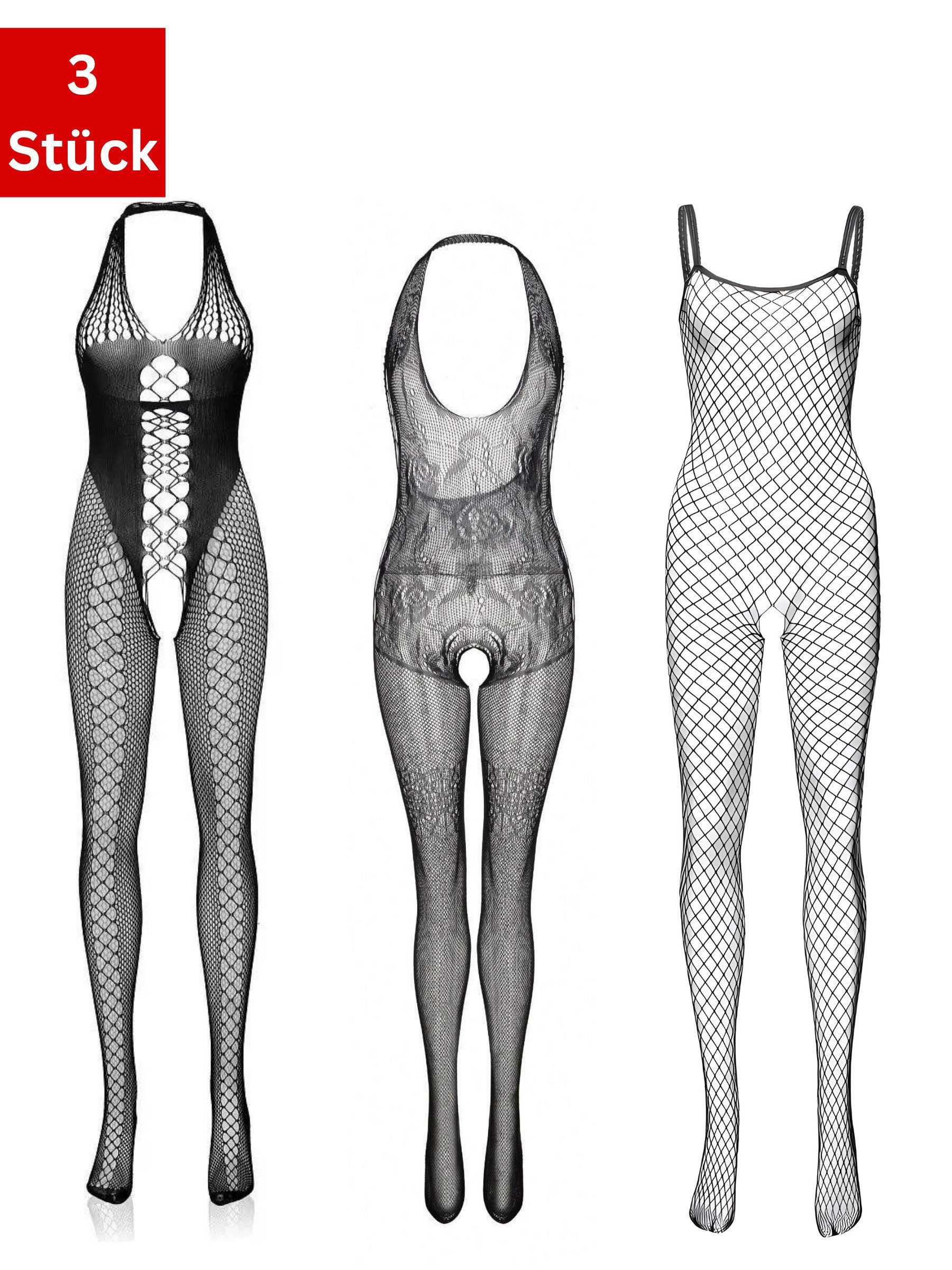 Elegant Love Bodystocking-Ouvert Sexy Netz-Bodystocking mit Ouvert – Rückenfreier Strumpfbody Dessous (Packung 3 St. 3er-Pack) Feminine Lingerie – Zarte Reizwäsche mit offenem Schritt (S–XL)