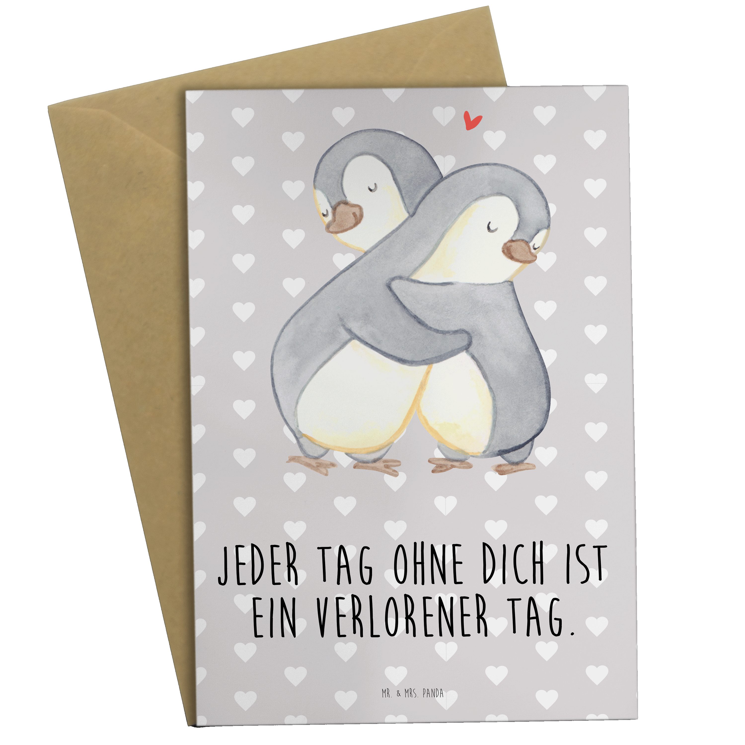Mr. & Mrs. Panda Grußkarte Pinguine Kuscheln - Grau Pastell - Geschenk, Heiraten, Liebe, Geburts