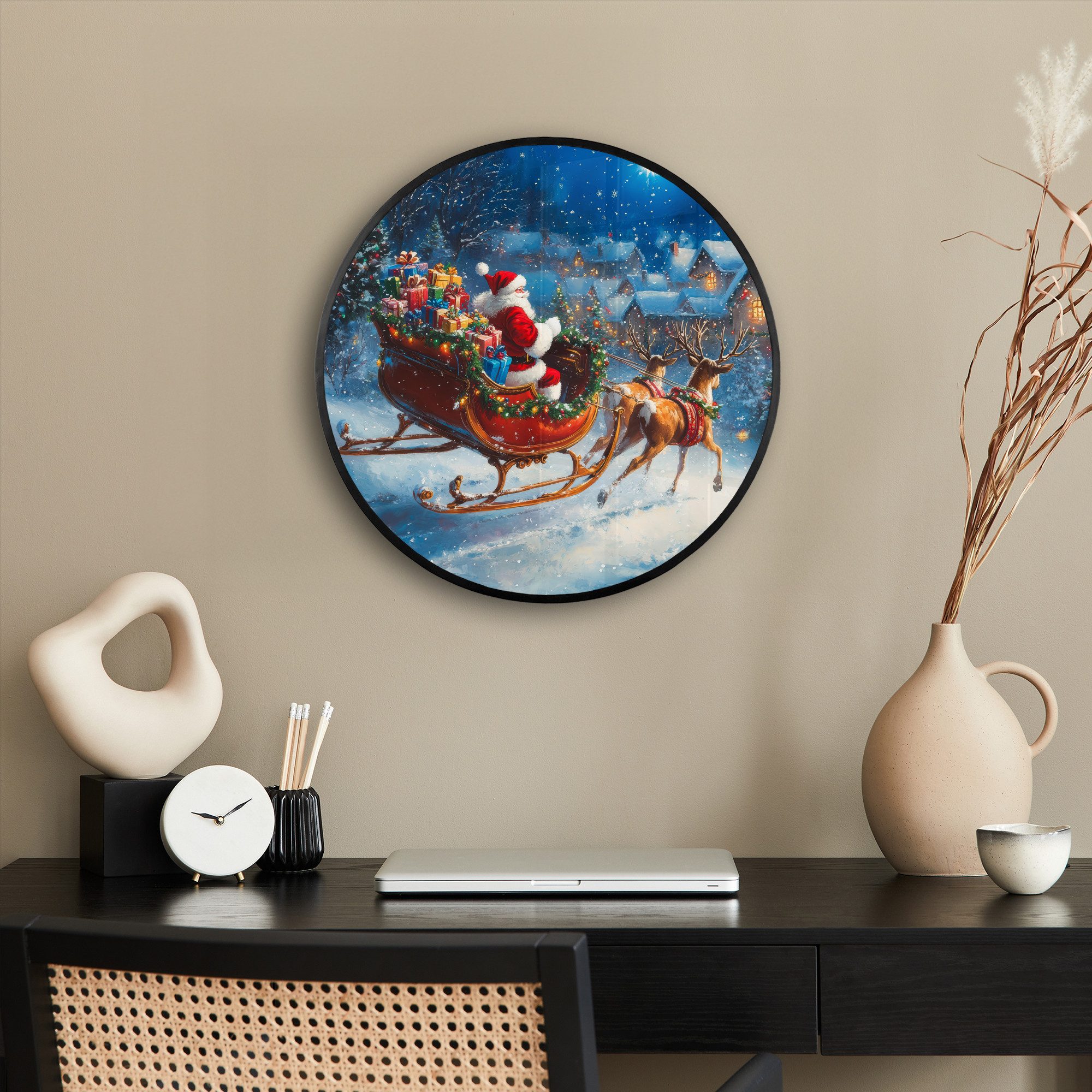 MuchoWow Poster Rund - Weihnachtsmann - Rentier - Weihnachten - Schnee, (1 St), Runde Wandbilder, Deko für Wohnzimmer und Schlafzimmer, 40x40 cm