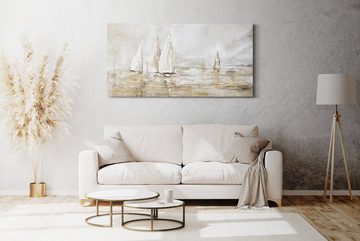YS-Art Gemälde Sonnenblendung, Landschaftsbilder, Gold Segelboote Meer Wasser Leinwand Bild Handgemalt