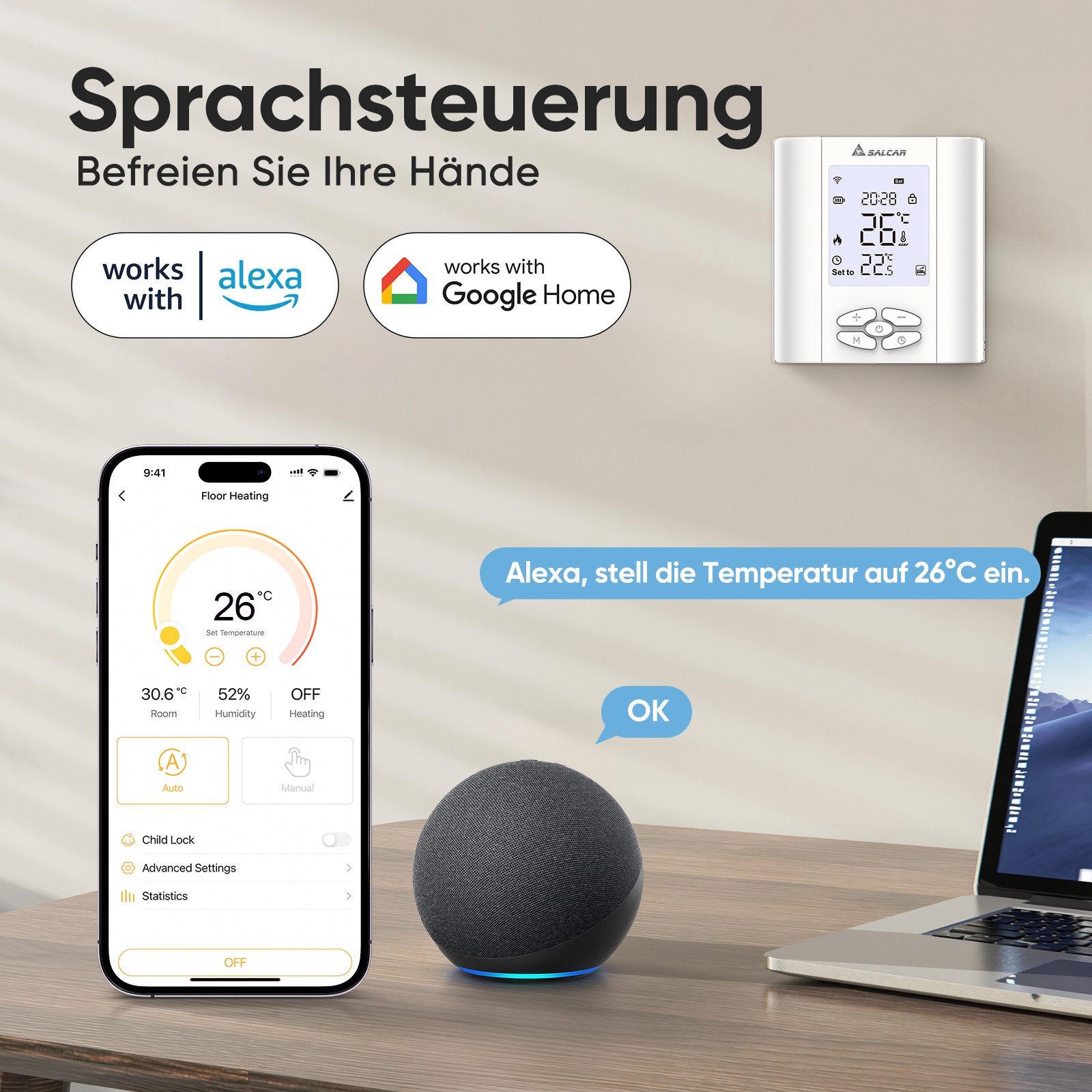 Salcar Raumthermostat Smart Thermostat WLAN Heizungsthermostat mit Luftfeuchtigkei, Programmierbar Wandthermostat Fussbodenheizung Wasser