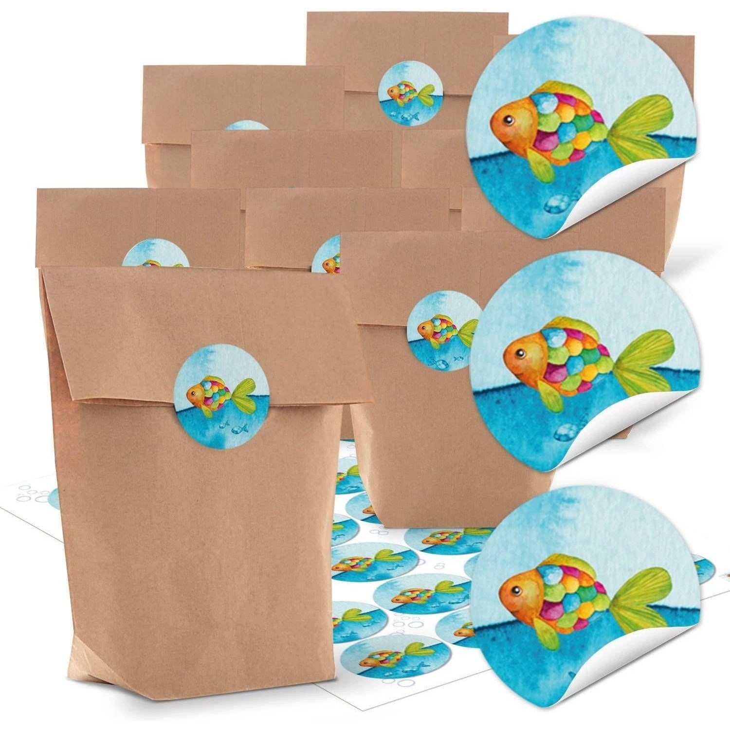 Logbuch-Verlag Aufkleber 10 kleine braune natur Papiertüten blau türkis Regenbogen-Fisch 14 x