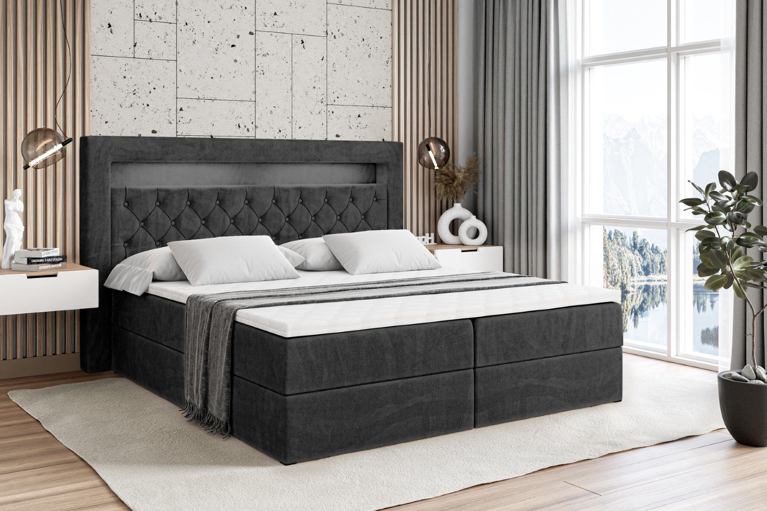 ALTDECOR Boxbett NOEL GOLD (mit Matratze Lattenrost Topper Polsterbett mit Bettkasten Doppelbett), H4 Multipocket / H3 Bonellfederung, Springboxbett Boxspringbett