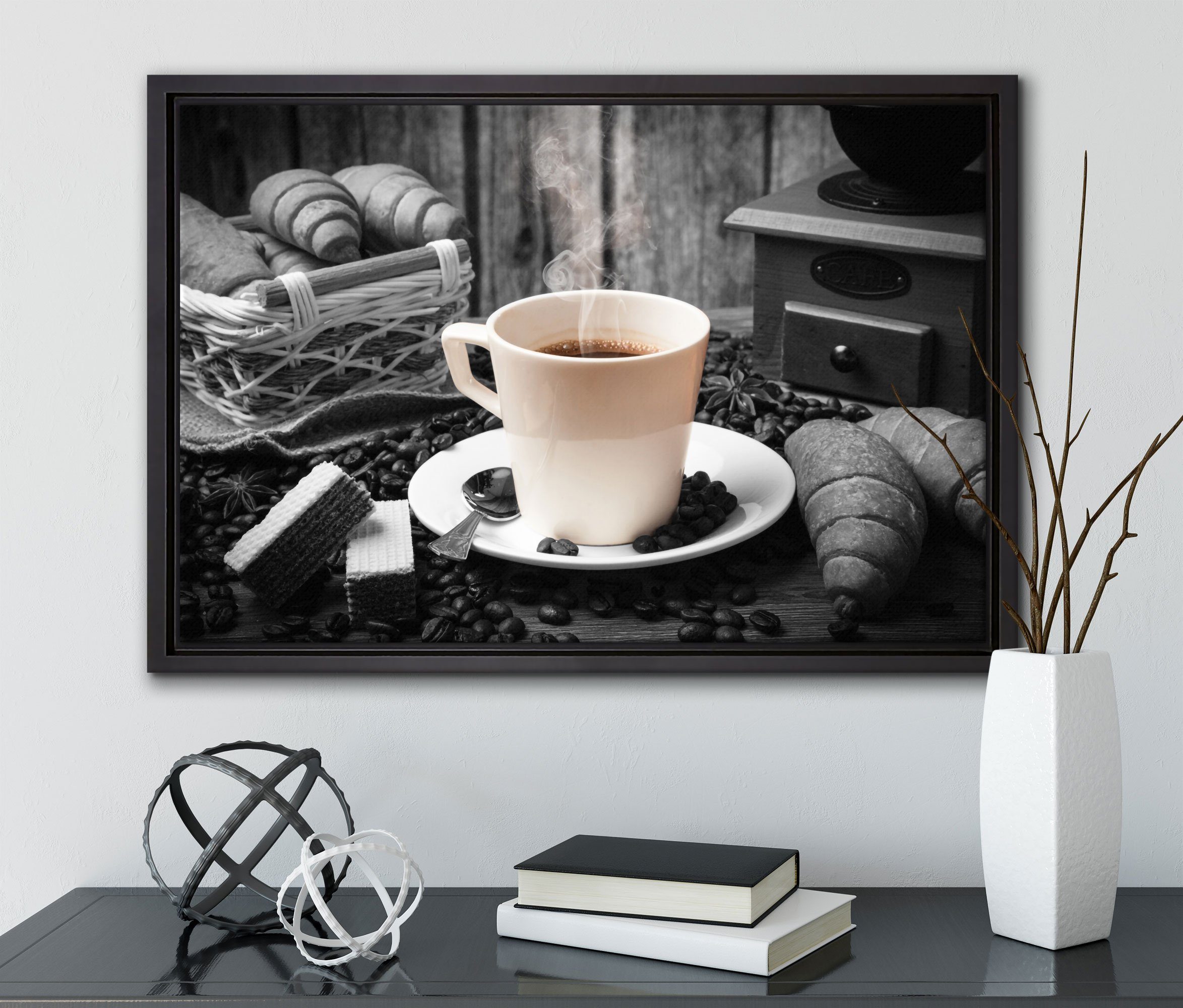 gefasst, Kaffee, frisch fertig Schattenfugen-Bilderrahmen (1 bespannt, Leinwandbild Leinwandbild in Wanddekoration aufgebrühter einem Pixxprint inkl. Zackenaufhänger St),