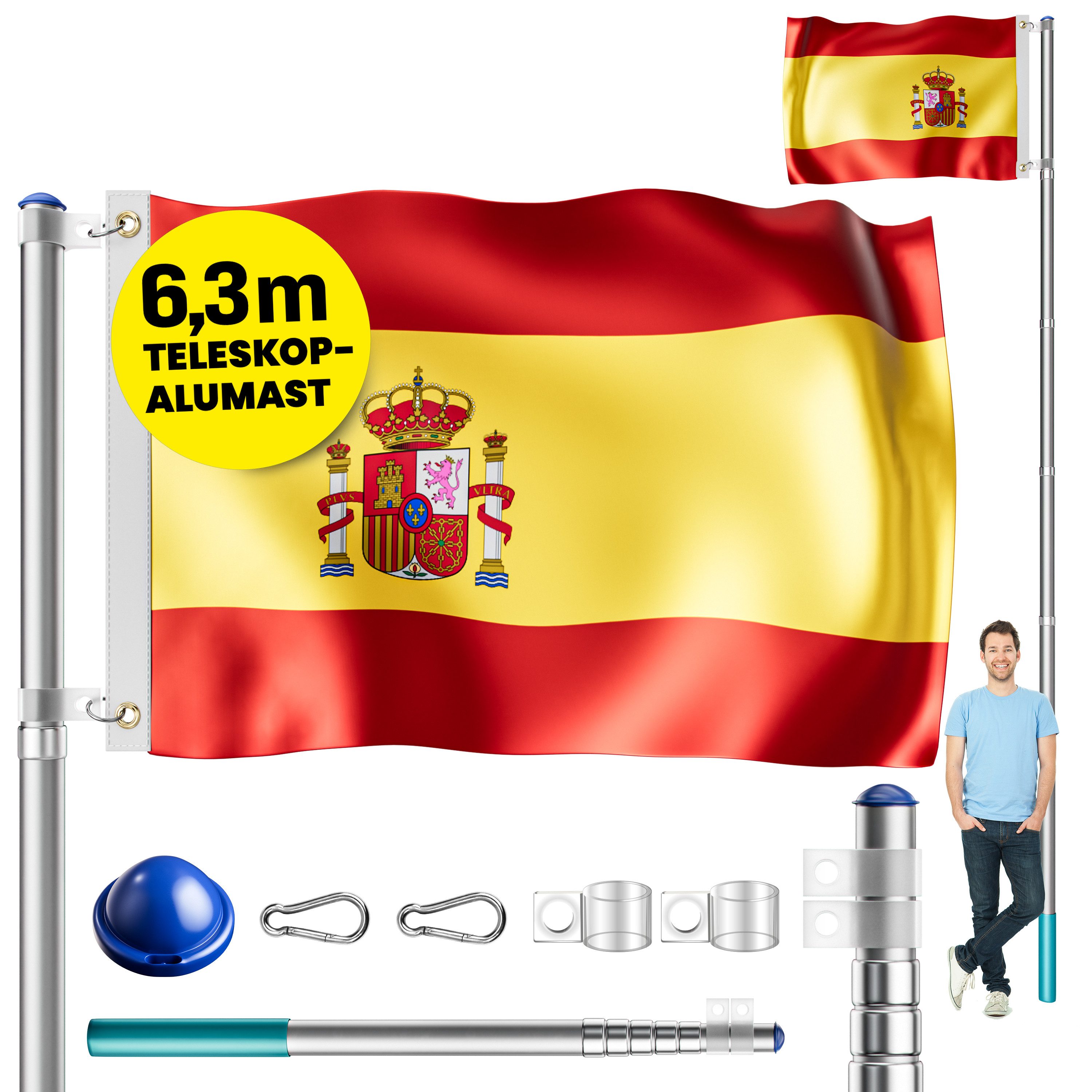 monzana Fahne, Aluminium inkl. Flagge Teleskop 6,30m Bodenhülse Mast Alu