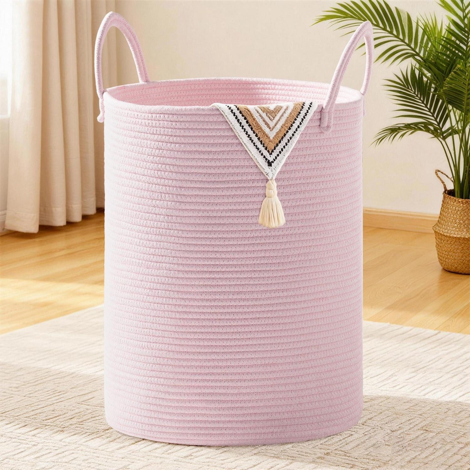 LuxusKollektion Wäschekorb Wäschekorb Geflochten Wäschesammler XXL Baumwoll Henkel Rosa 100L