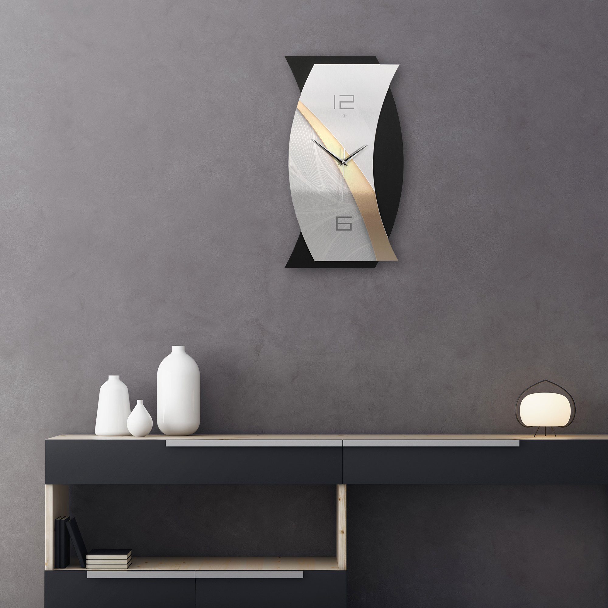 Kreative Feder Wanduhr 3D Designer-WANDUHR Gold & Silver (Funkuhr oder Quarzuhr in modernem Metallic-Look)