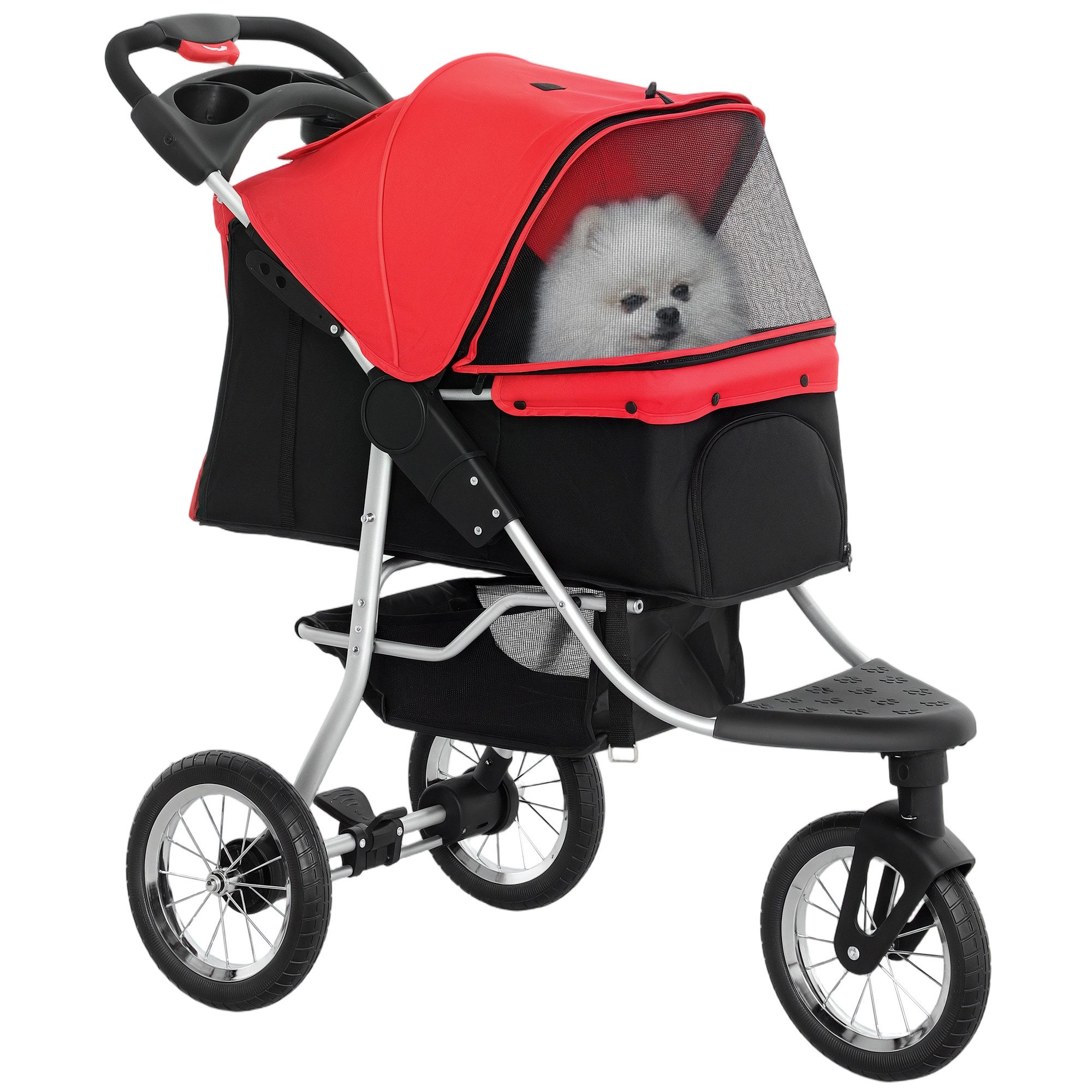 PawHut Hundebuggy mit Netzfenstern, Getränkbehalter, Aufbewahrungskorb, (klappbar Hundewagen, 1-tlg), für Hunde & Katzen bis 10 kg, Rot