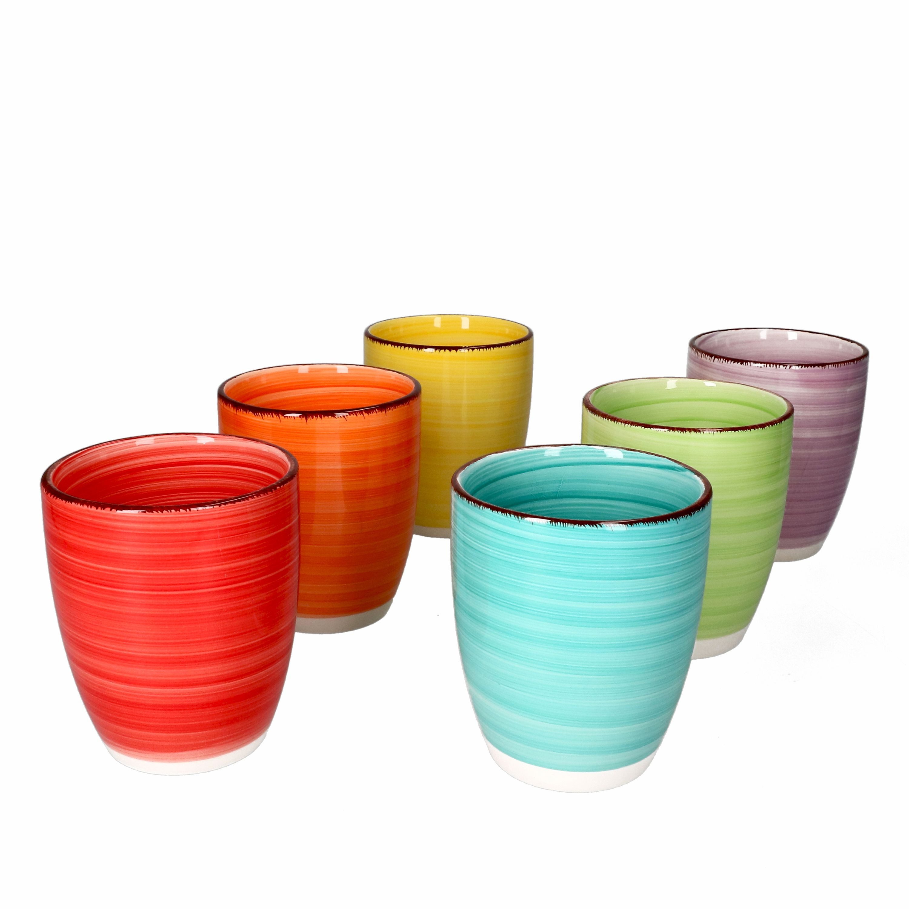 MamboCat Becher 6er Set Kaffeebecher Uni Bunt OHNE Henkel, Steingut, Trinkbecher