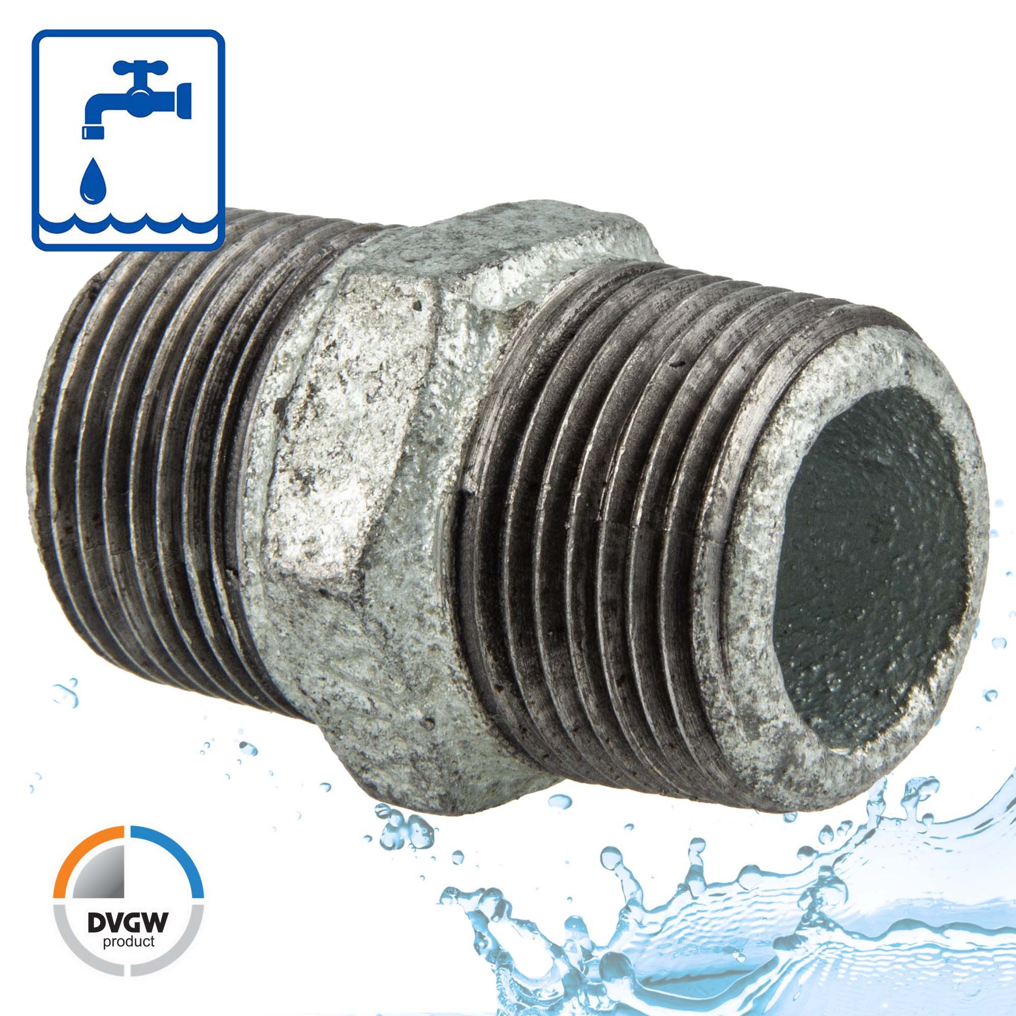 GEBO Gewindefitting Temperguss-Gewindefitting verzinkt Doppelnippel, 1/2 Zoll