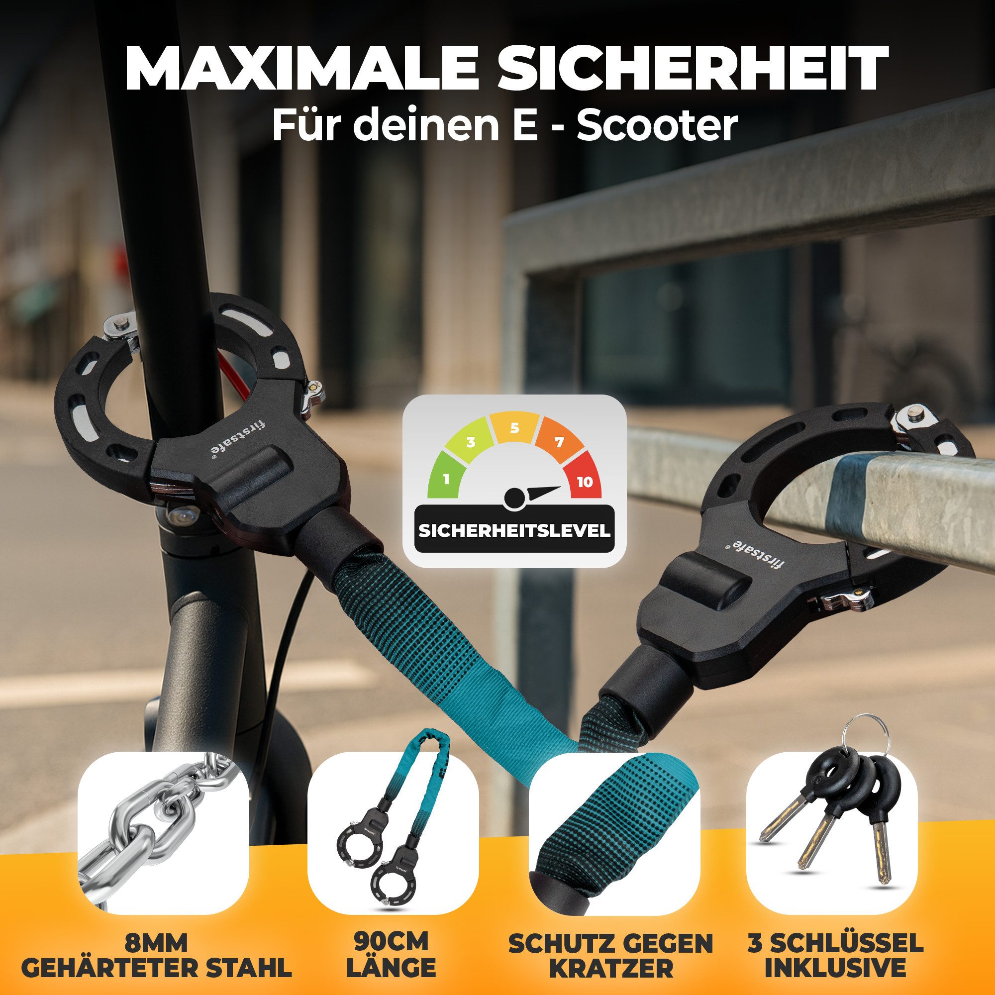 firstsafe Kettenschloss Handschellenschloss für E Scooter Schloss und Fahrrad 90 cm, 360° drehbar, Silikonbeschichtung, 8 mm Stahlkette