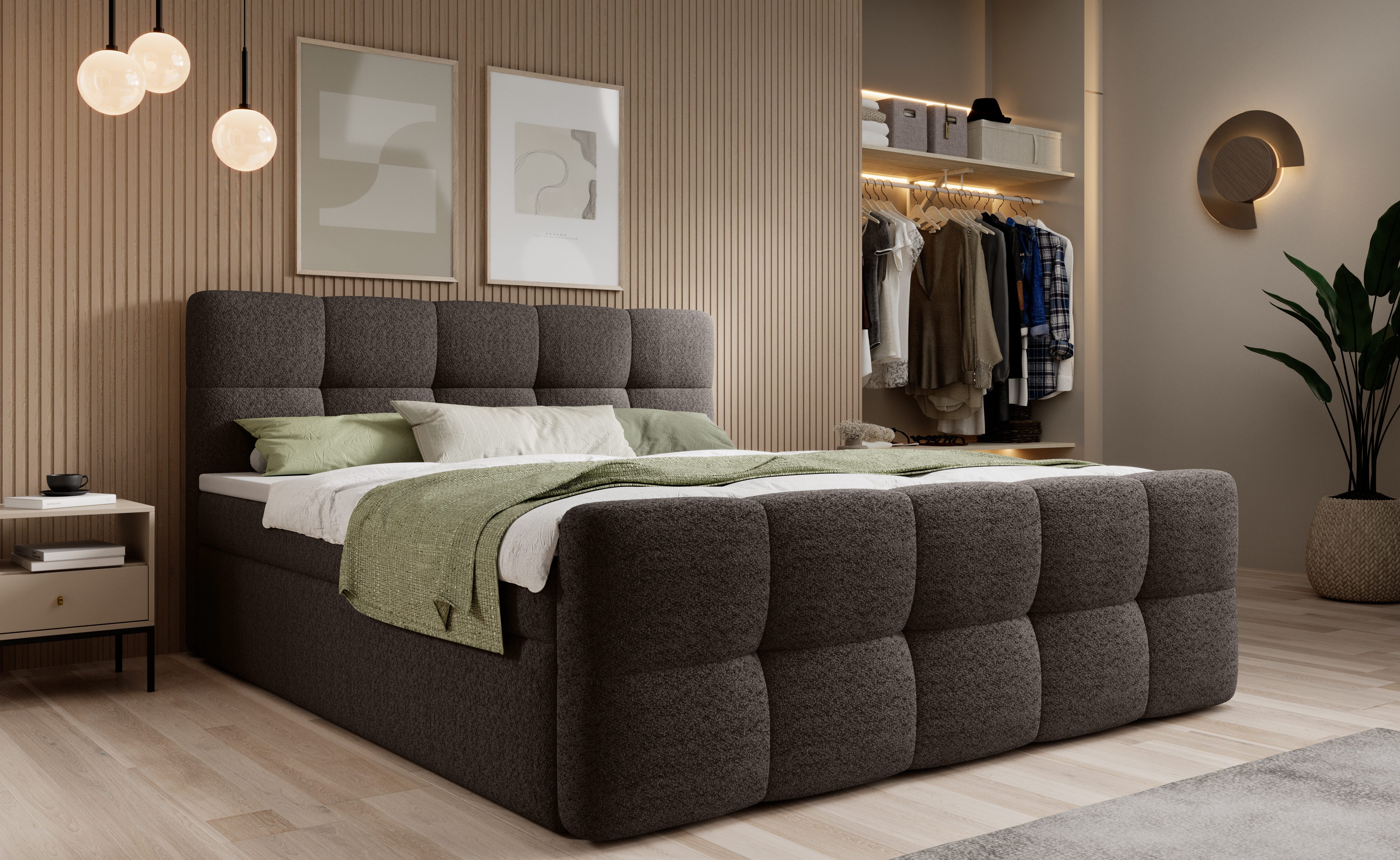 thematys Boxbett mit Bettkasten 140x200–200x200 cm – Velours oder Bouclé Bezug – (Polsterbett Bonnellfederkern Matratze H3 + Gratis 3cm Topper, Boxbett - Luxus Doppelbett mit Stauraum)