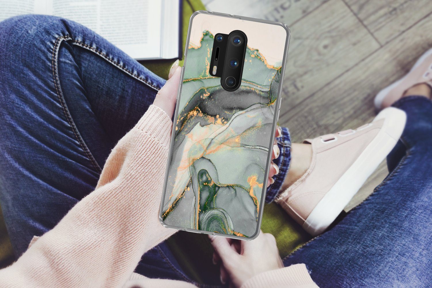 MuchoWow Handyhülle für OnePlus 8 Pro Gold - Marmor - Grün - Luxus - Glitzer - Marmoroptik, Phone Case, Silikon, Schutzhülle Dünn