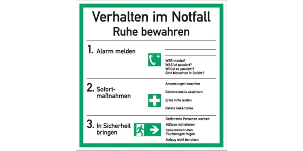 Hinweisschild Verhalten im Notfall, Kombischild, ISO 7010