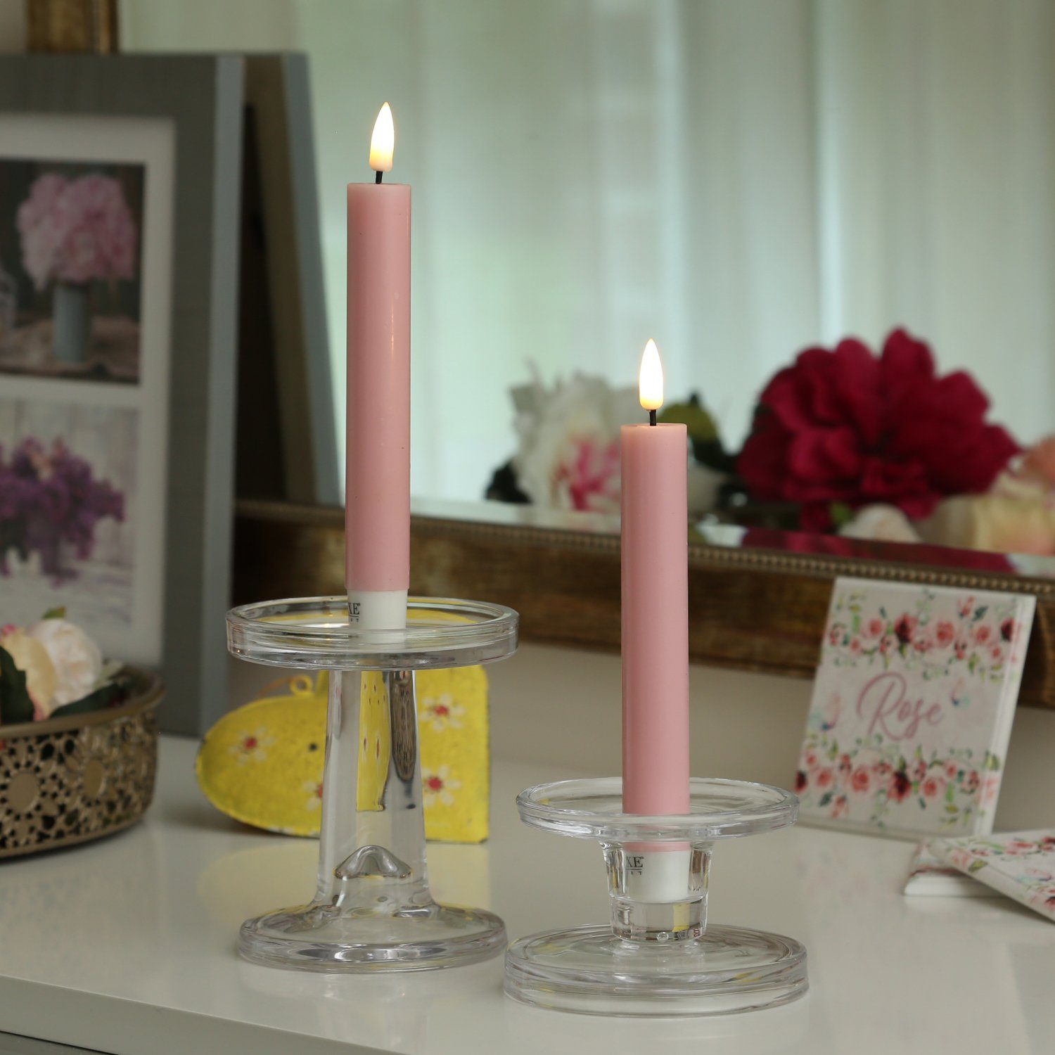 Deluxe Homeart LED-Kerze LED Stabkerzen Mia Tafelkerzen Echtwachs flackernd H: 15cm rosa 2Stk (2-tlg)