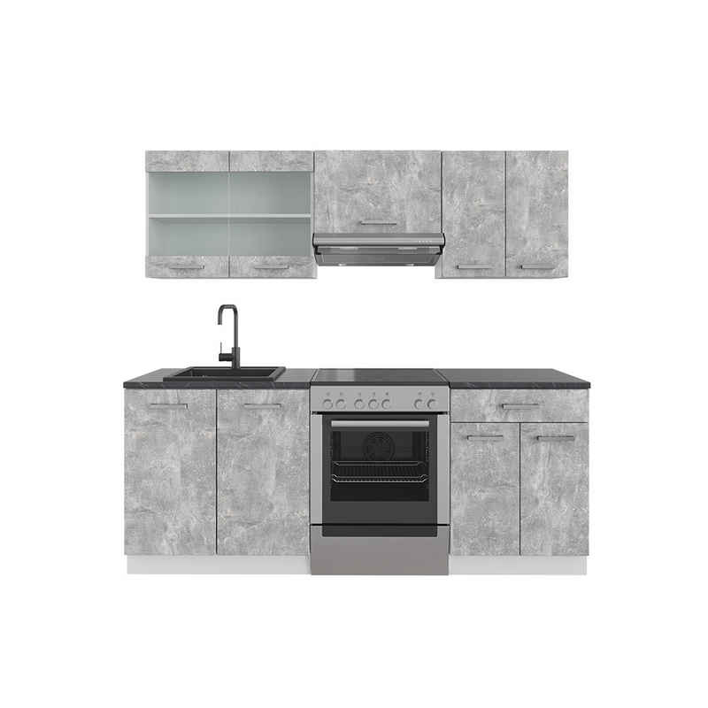 Livinity® Küchenzeile R-Line, Beton/Weiß, 200 cm, AP Anthrazit