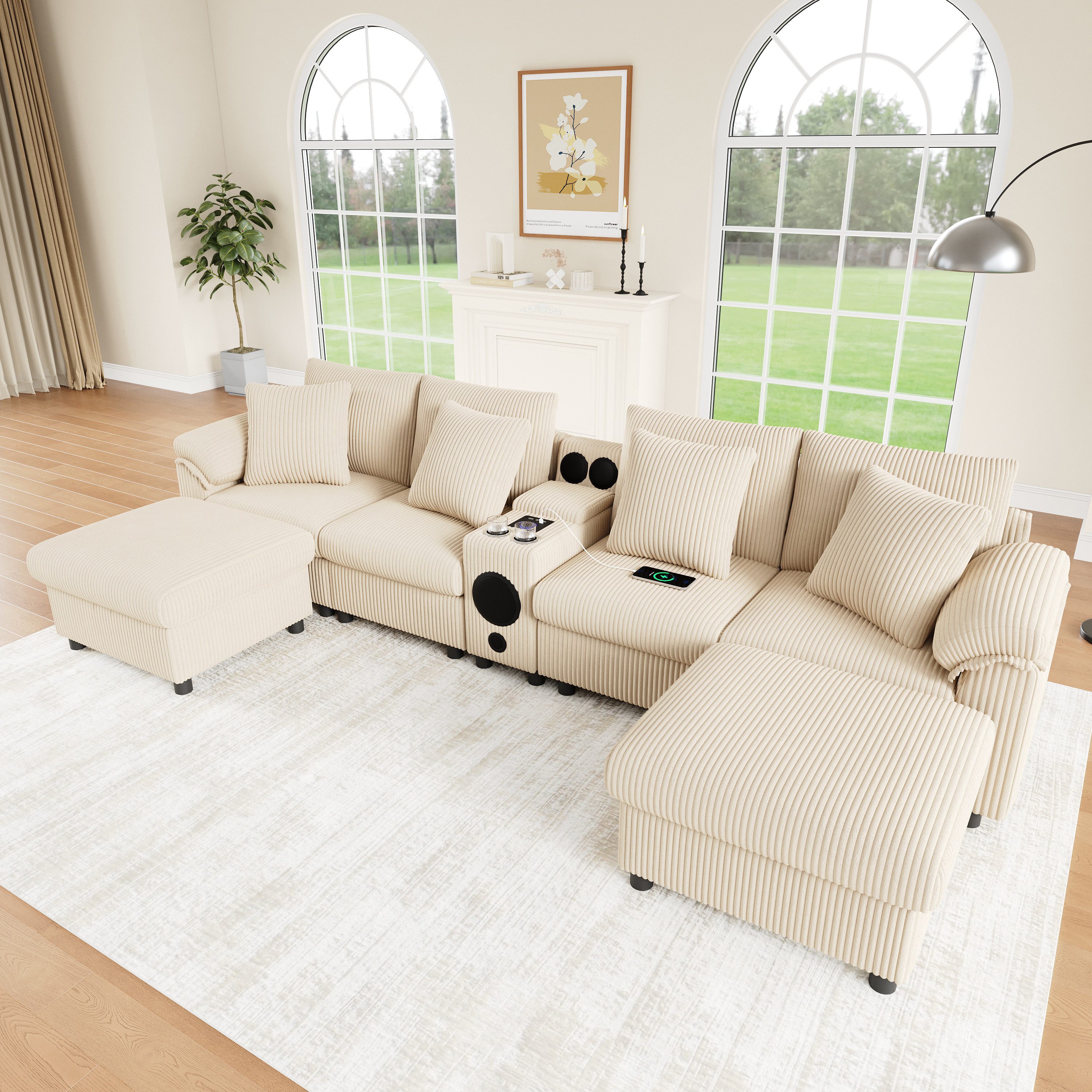 OKWISH Wohnlandschaft 315,5x84,5x144 cm U/L‑förmiges Cord‑Sofa mit Bluetooth & Konsole, Inklusive Kissen, Farbe Beige 1 Teile, Stauraum, Wireless Charging, USB & Getränkehalter