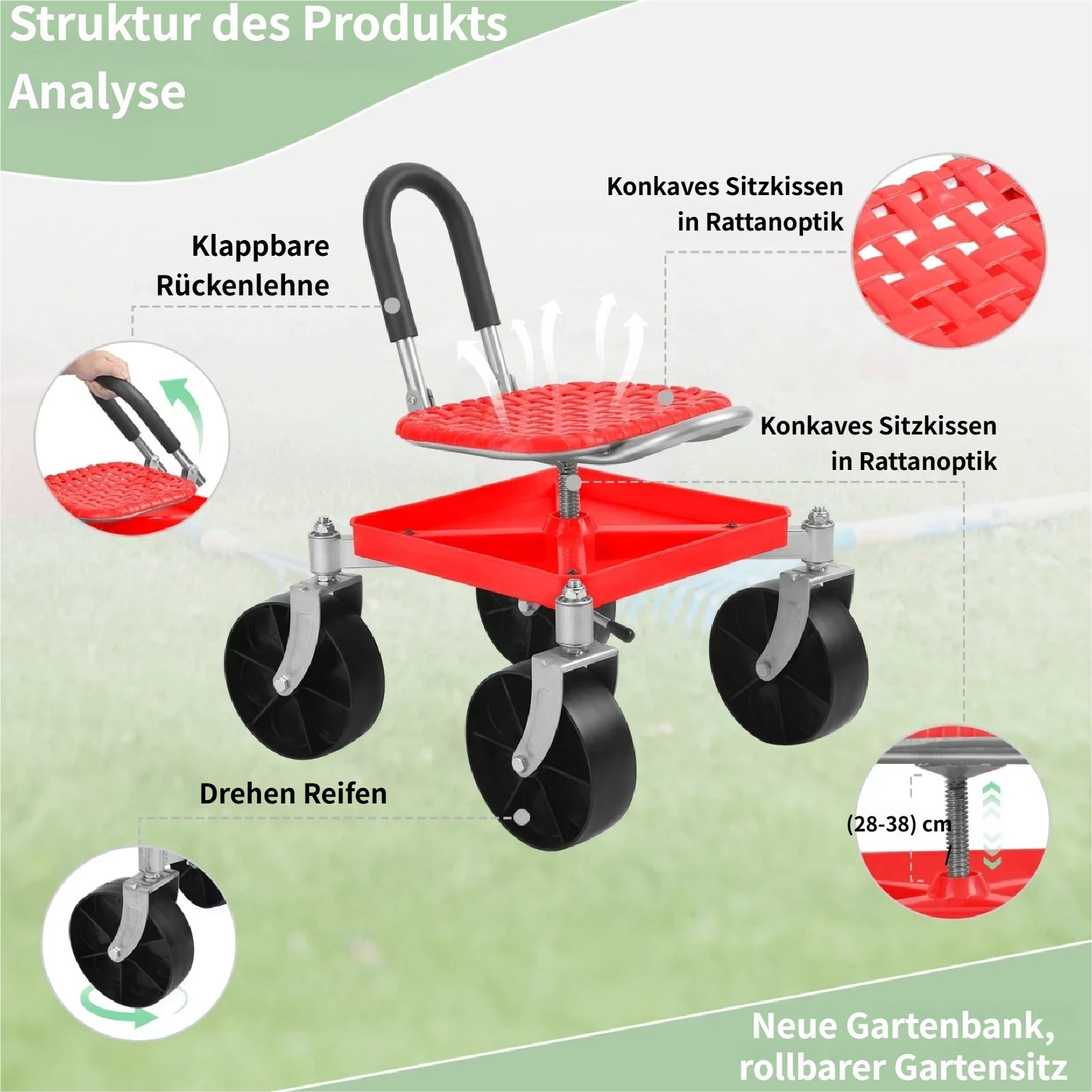 Rutaqian Rollsitz Fahrbarer Gartensitz mit Stauraum,Höhenverstellbar 51-61cm, (1 x Fahrbarer Rollsitz 1 x Schraubenschlüssel), 360° Drehbare Schwenkbarer Garten – Bild 5 von 5