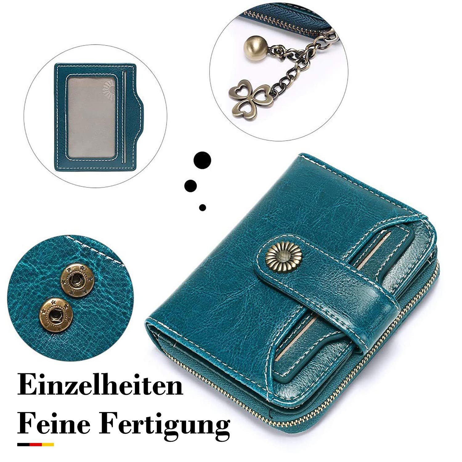 MAGICSHE Brieftasche Münzfach Damen Schild kleine Leder Hellblau Echtes Reißverschluss RFID Geldbörse, und Clip Geldbörse, mit