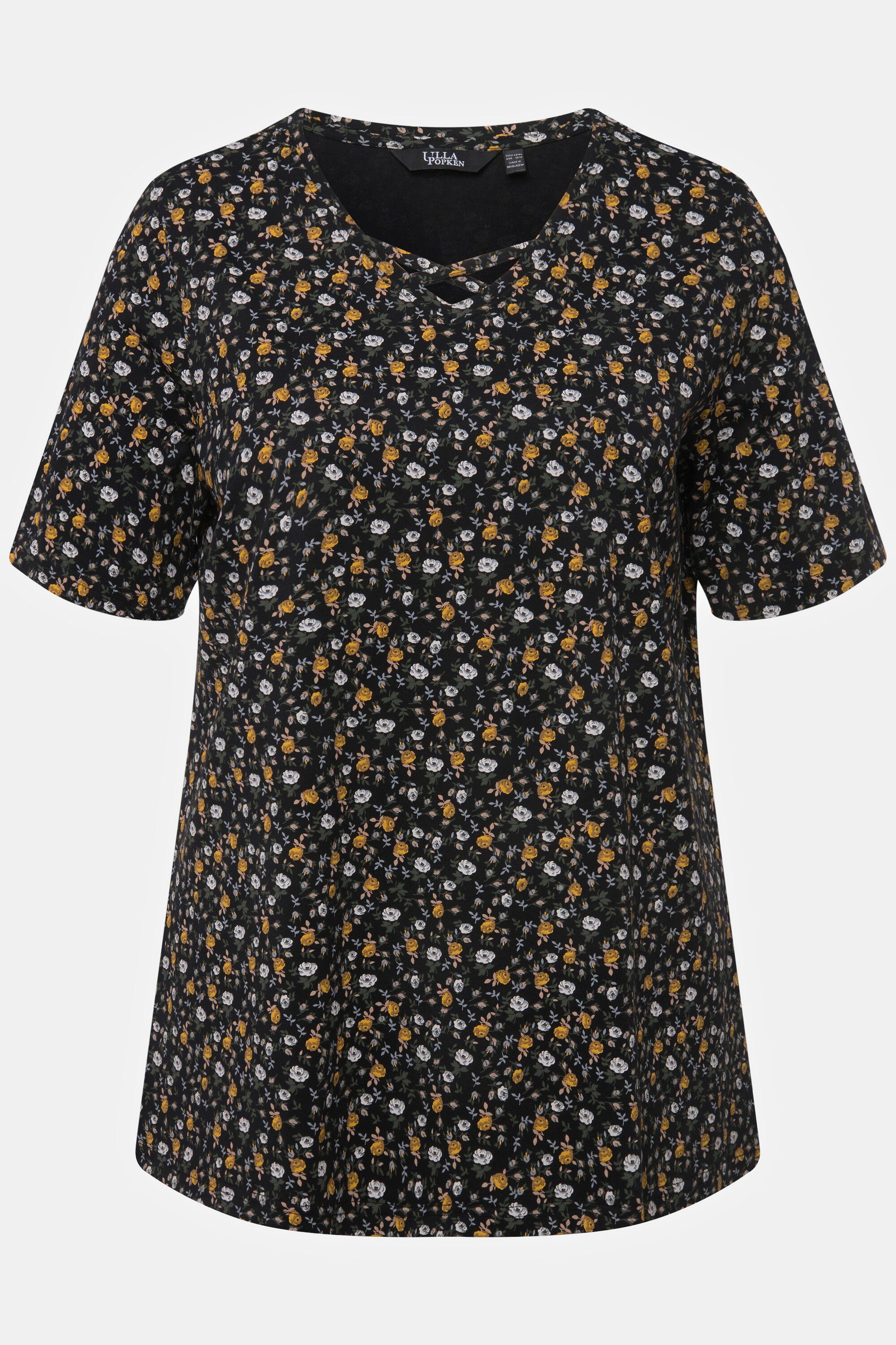 Ulla Popken schwarz Halbarm Blüten V-Ausschnitt A-Linie T-Shirt Rundhalsshirt