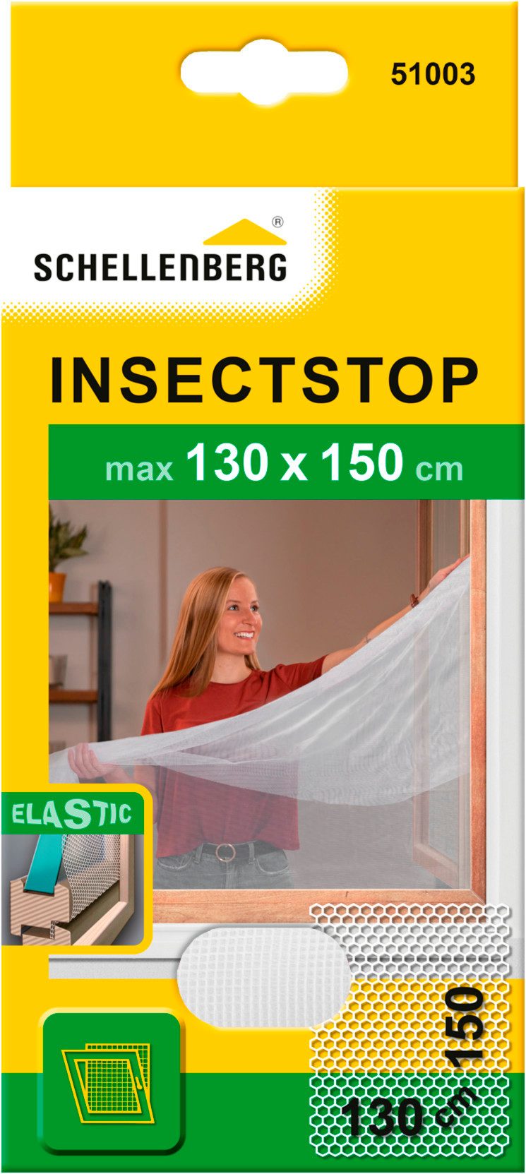 SCHELLENBERG Fliegengitter-Gewebe Elastic ohne bohren, (Set, 1-St), elastischer Insektenschutz für Fenster, 130 x 150 cm, anthrazit, weiß